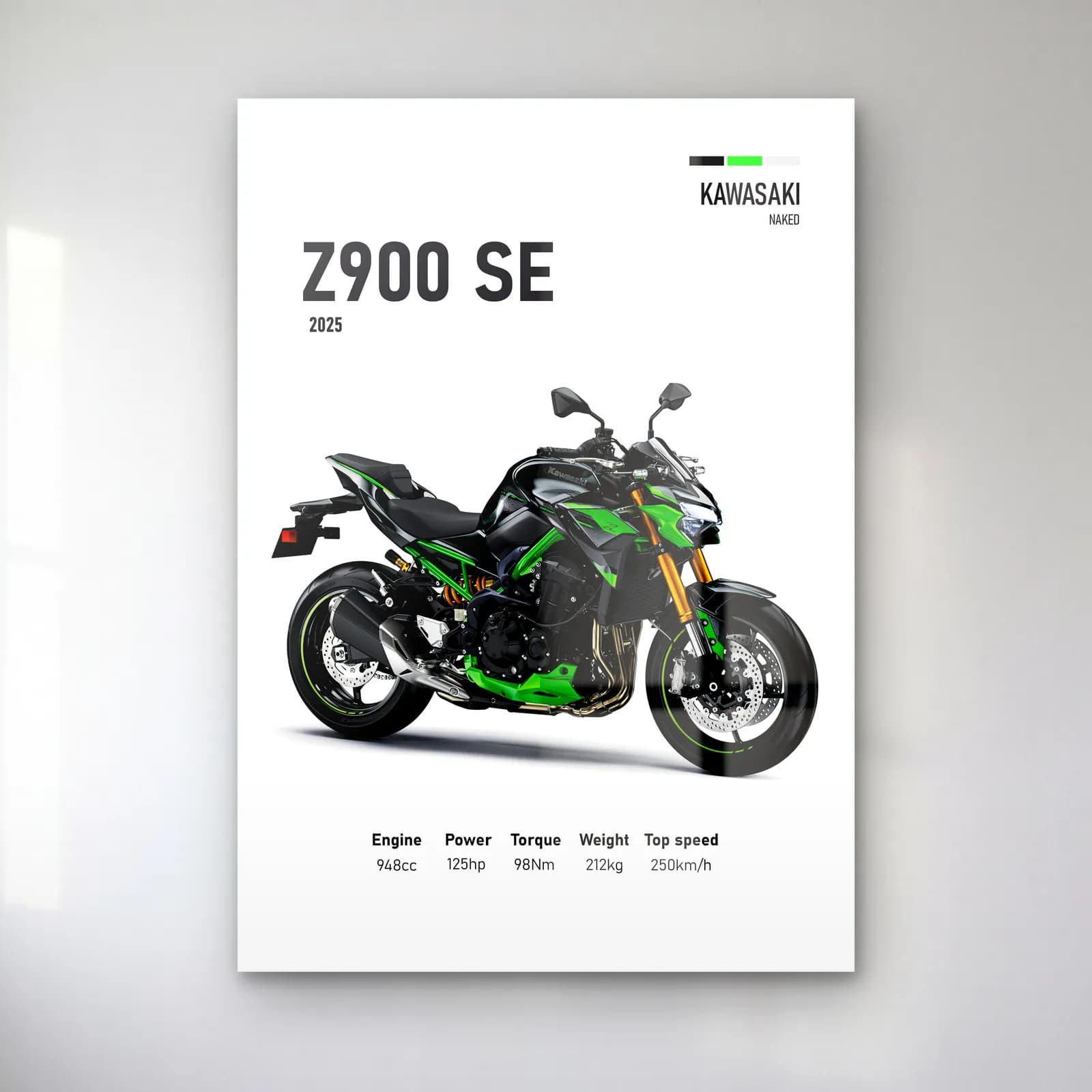 Kawasaki Z900 SE 2025 cam tablo — Beyaz zeminde siyah yeşil Kawasaki Z900 SE 2025 ve teknik veriler