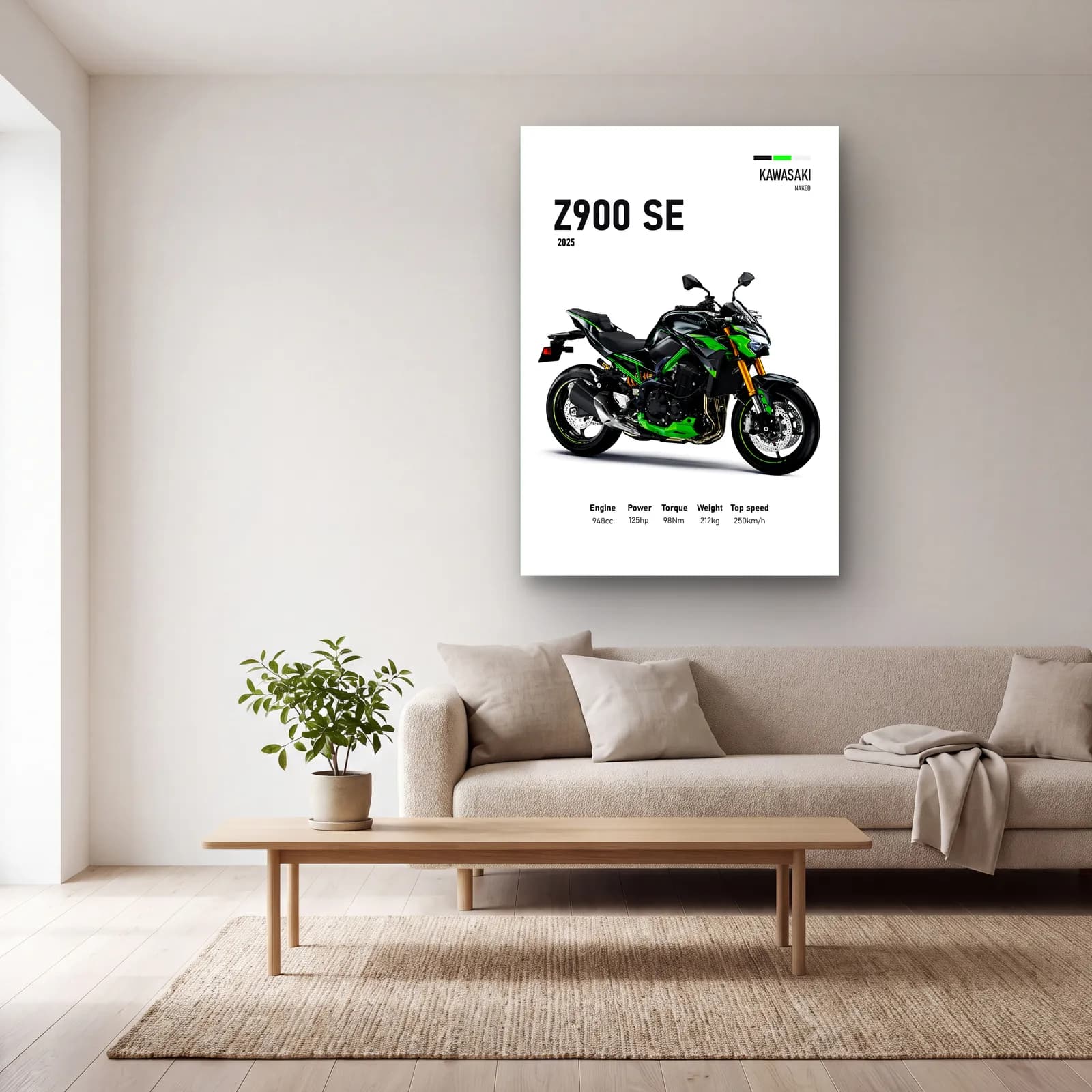 Kawasaki Z900 SE 2025 cam tablo — açık renk salonda