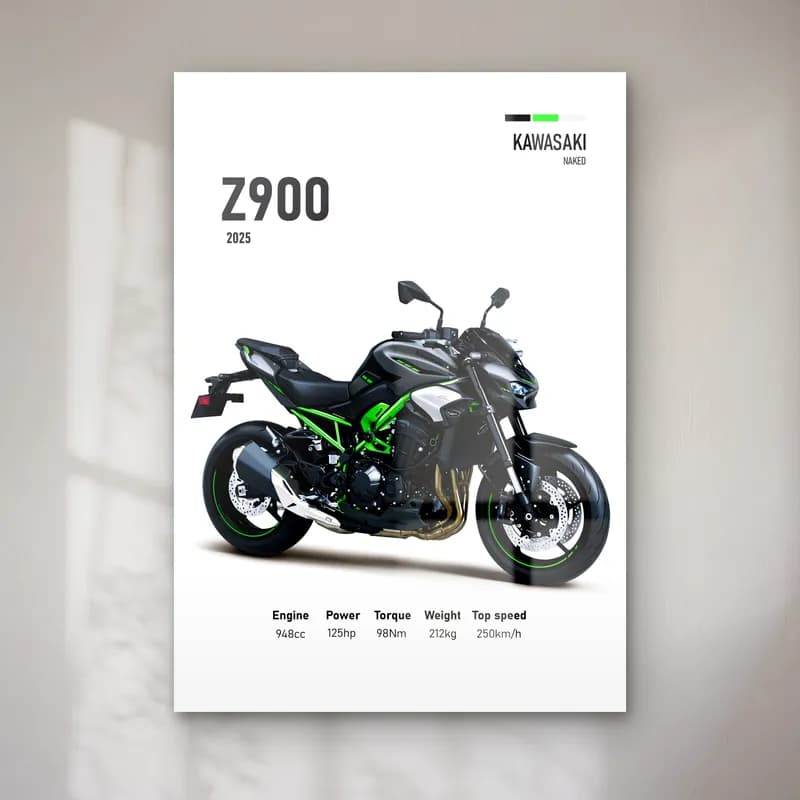 Kawasaki Z900 2025 cam tablo — Beyaz zeminde siyah yeşil Kawasaki Z900 2025 ve teknik veriler