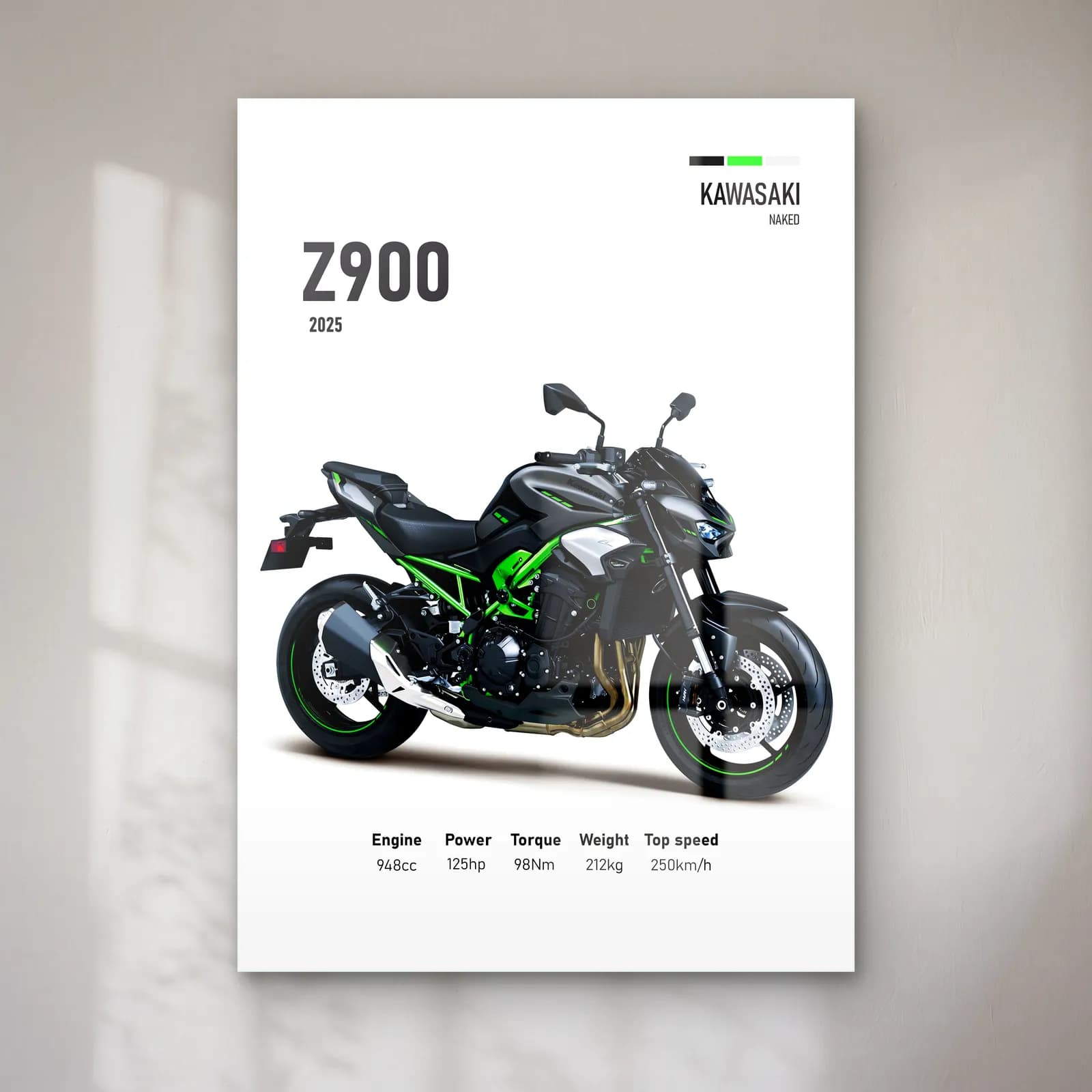 Kawasaki Z900 2025 cam tablo — Beyaz zeminde siyah yeşil Kawasaki Z900 2025 ve teknik veriler