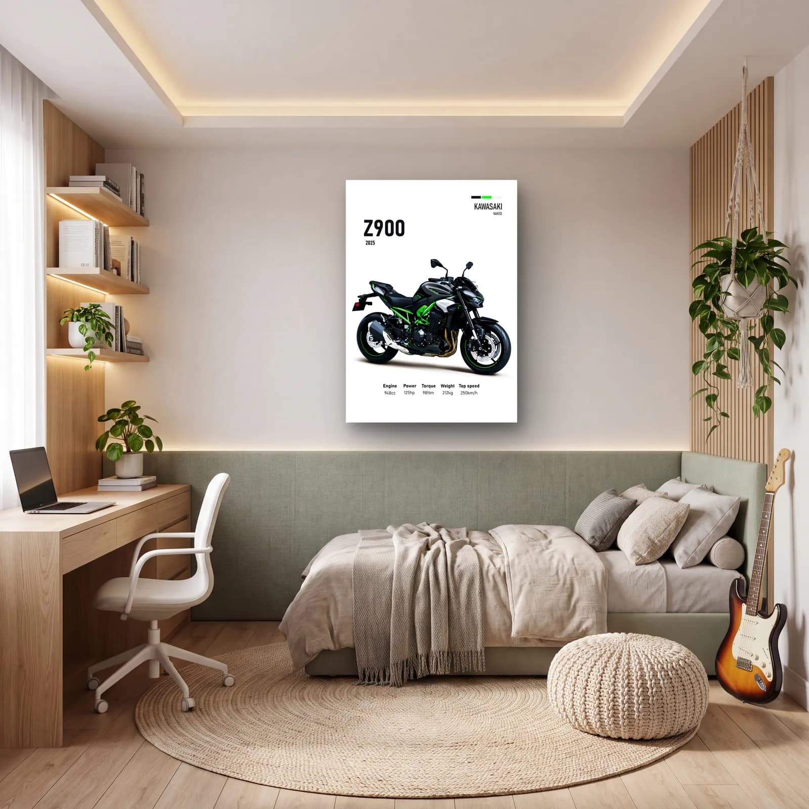 Kawasaki Z900 2025 cam tablo — genç odasında