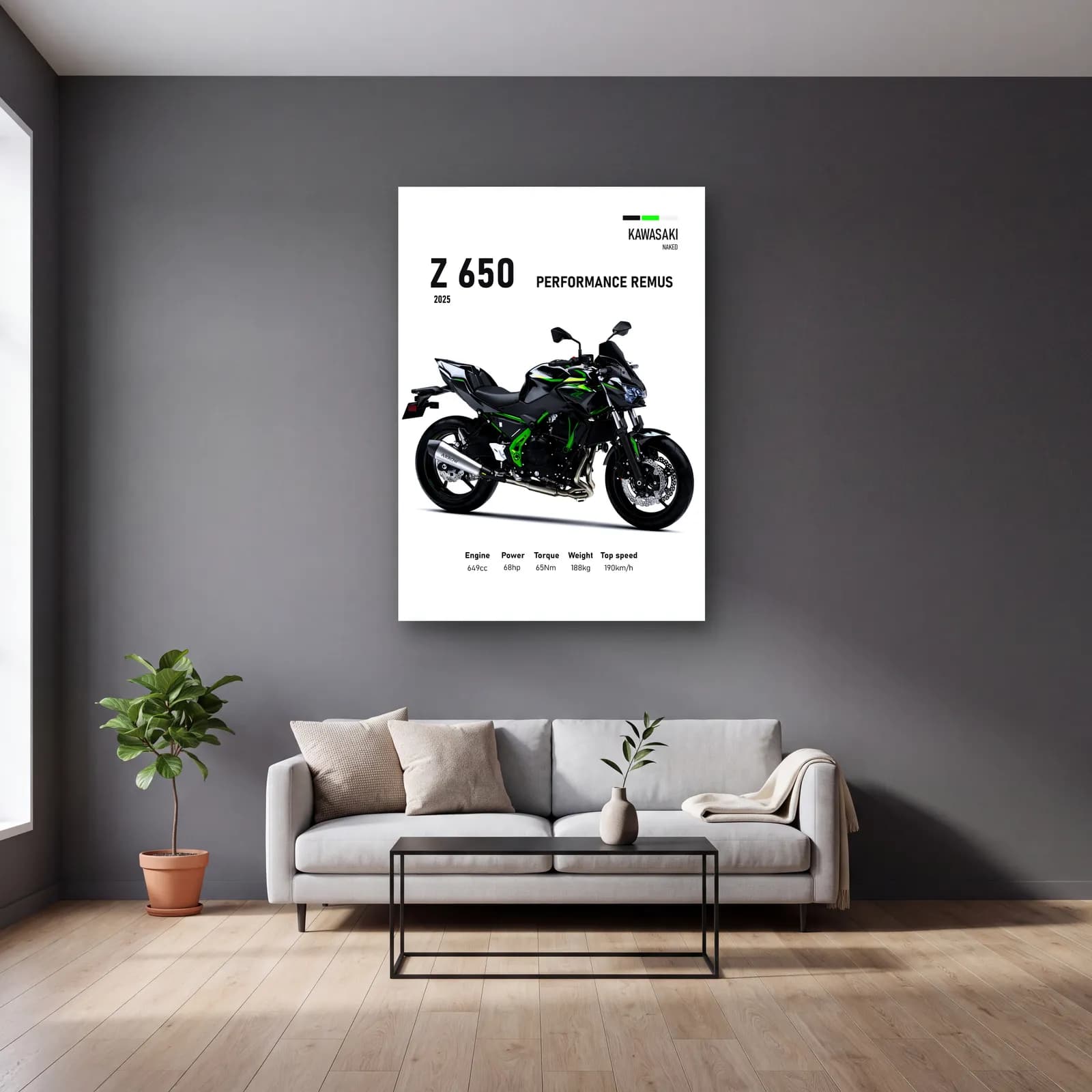 Kawasaki Z 650 Performance Remus 2025 cam tablo — gri duvarlı salonda