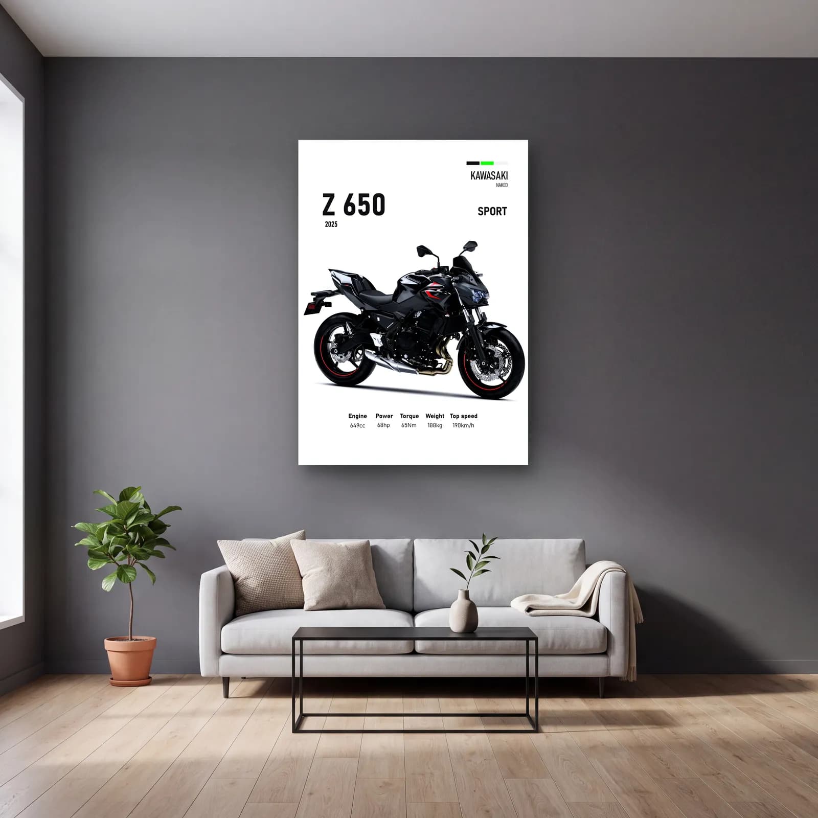 Kawasaki Z 650 Sport 2025 cam tablo — gri duvarlı salonda