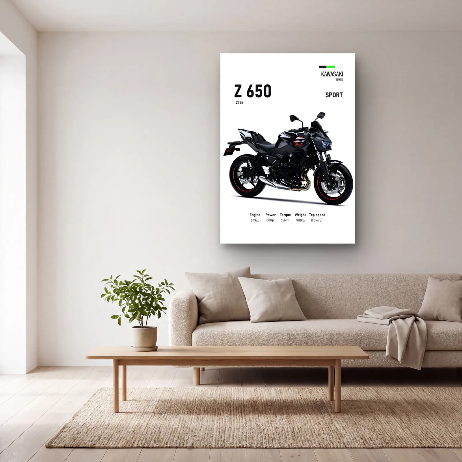 Kawasaki Z 650 Sport 2025 cam tablo — açık renk salonda