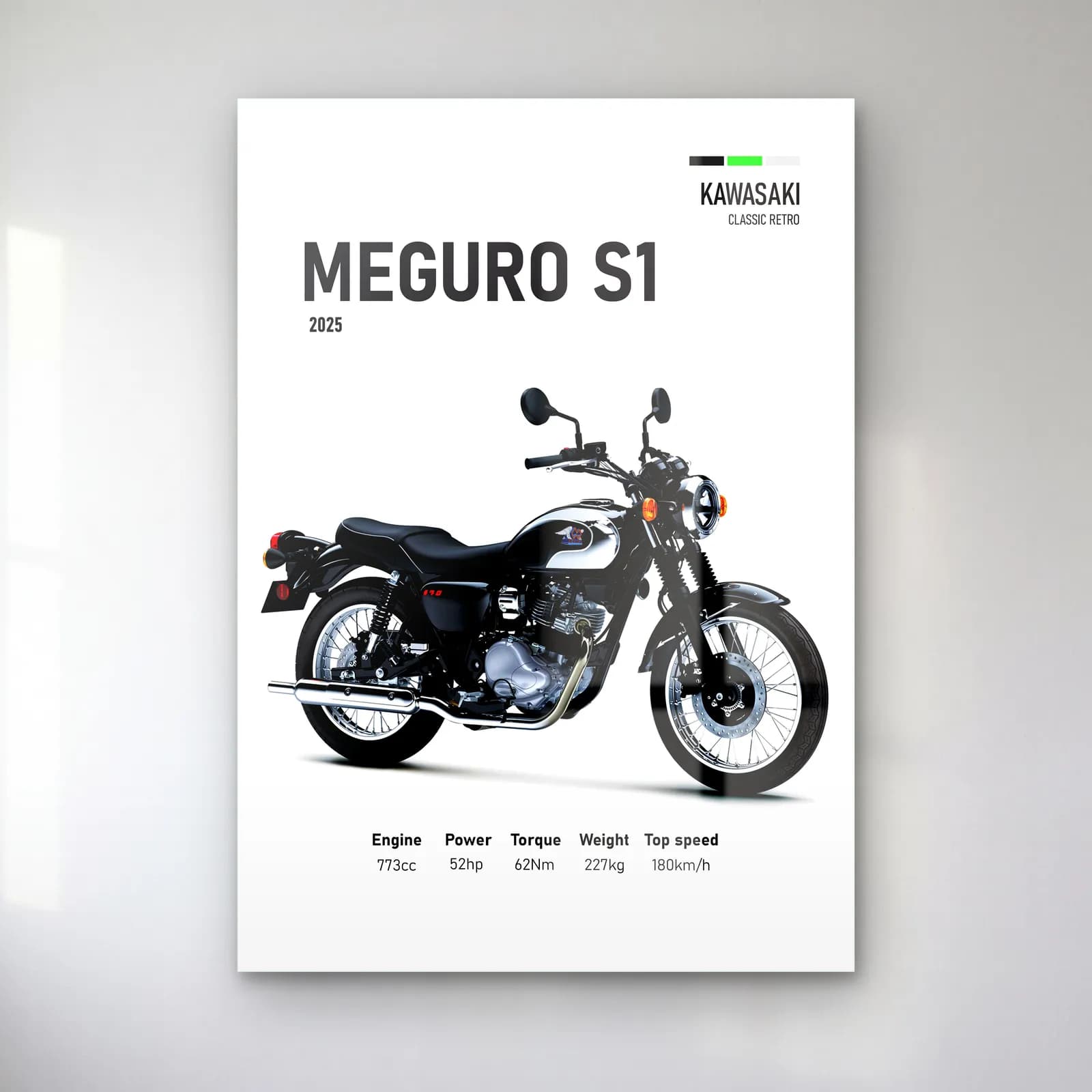 Kawasaki Meguro S1 2025 cam tablo — Beyaz zeminde siyah gümüş Kawasaki Meguro S1 2025 ve teknik veriler