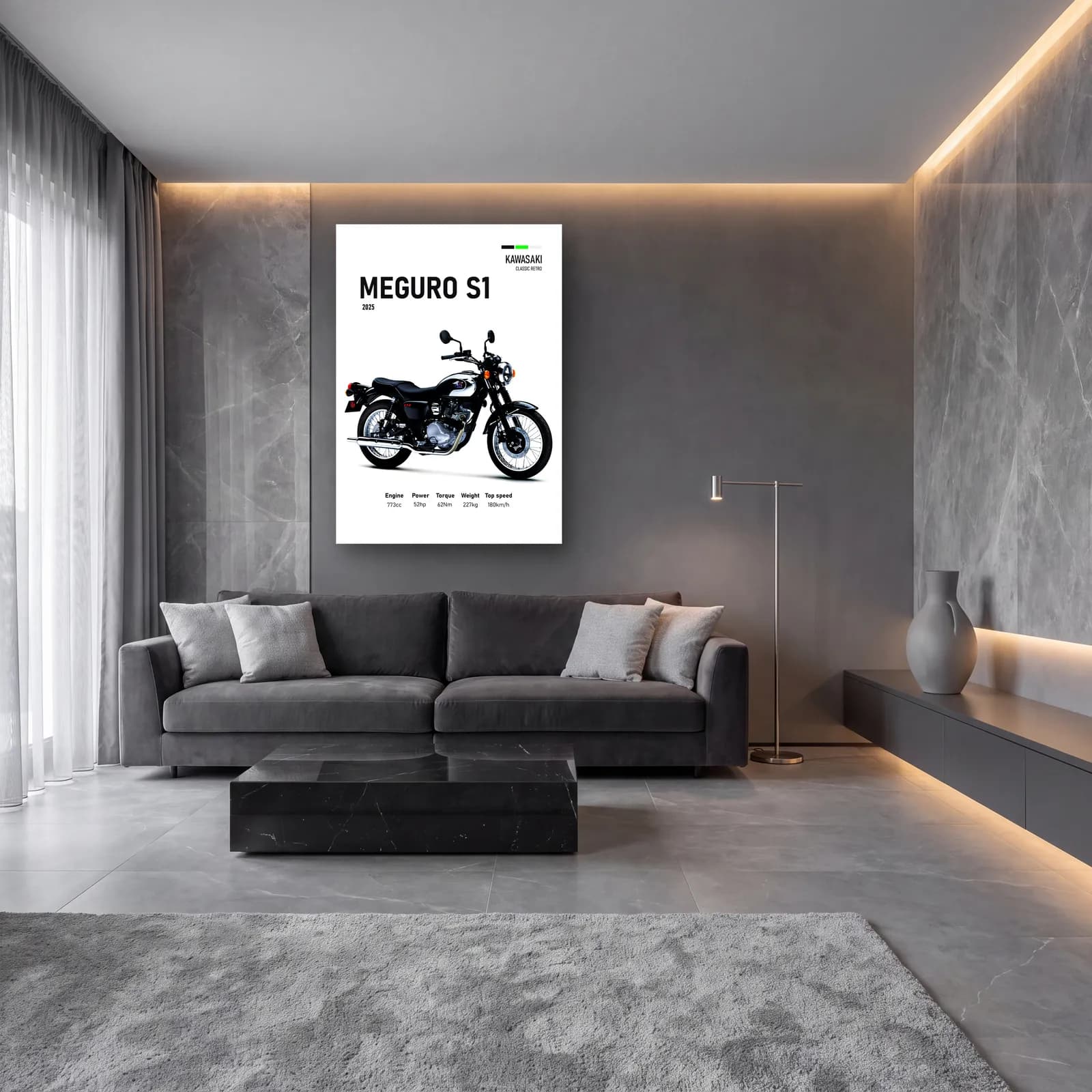 Kawasaki Meguro S1 2025 cam tablo — lüks salon duvarında