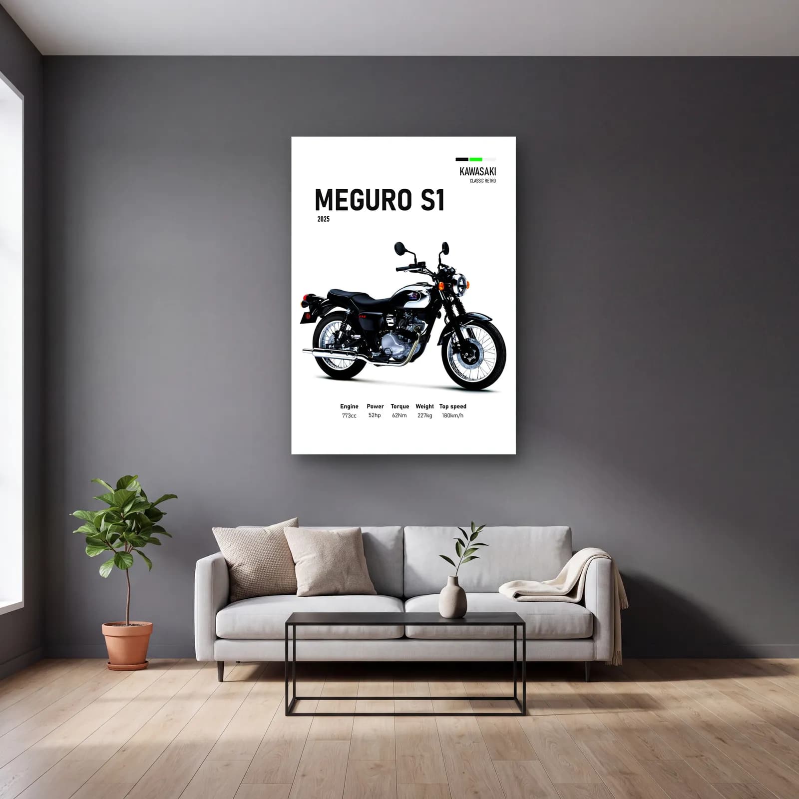 Kawasaki Meguro S1 2025 cam tablo — gri duvarlı salonda