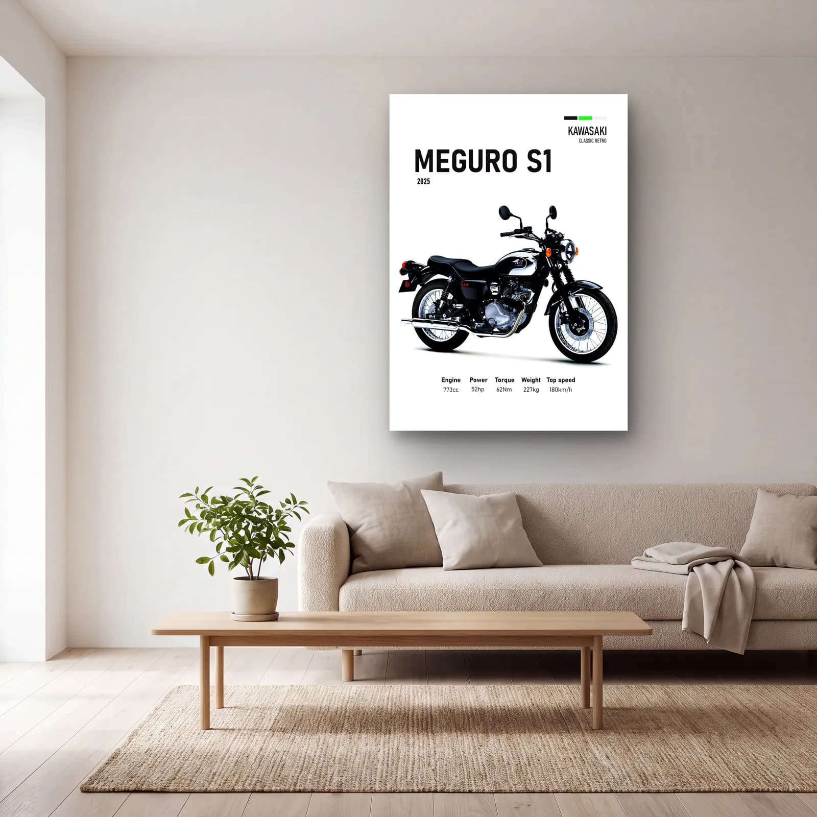 Kawasaki Meguro S1 2025 cam tablo — açık renk salonda