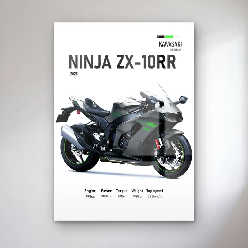 Kawasaki Ninja ZX-10RR 2025 cam tablo — Beyaz zeminde siyah gri Kawasaki Ninja ZX-10RR 2025 ve teknik veriler