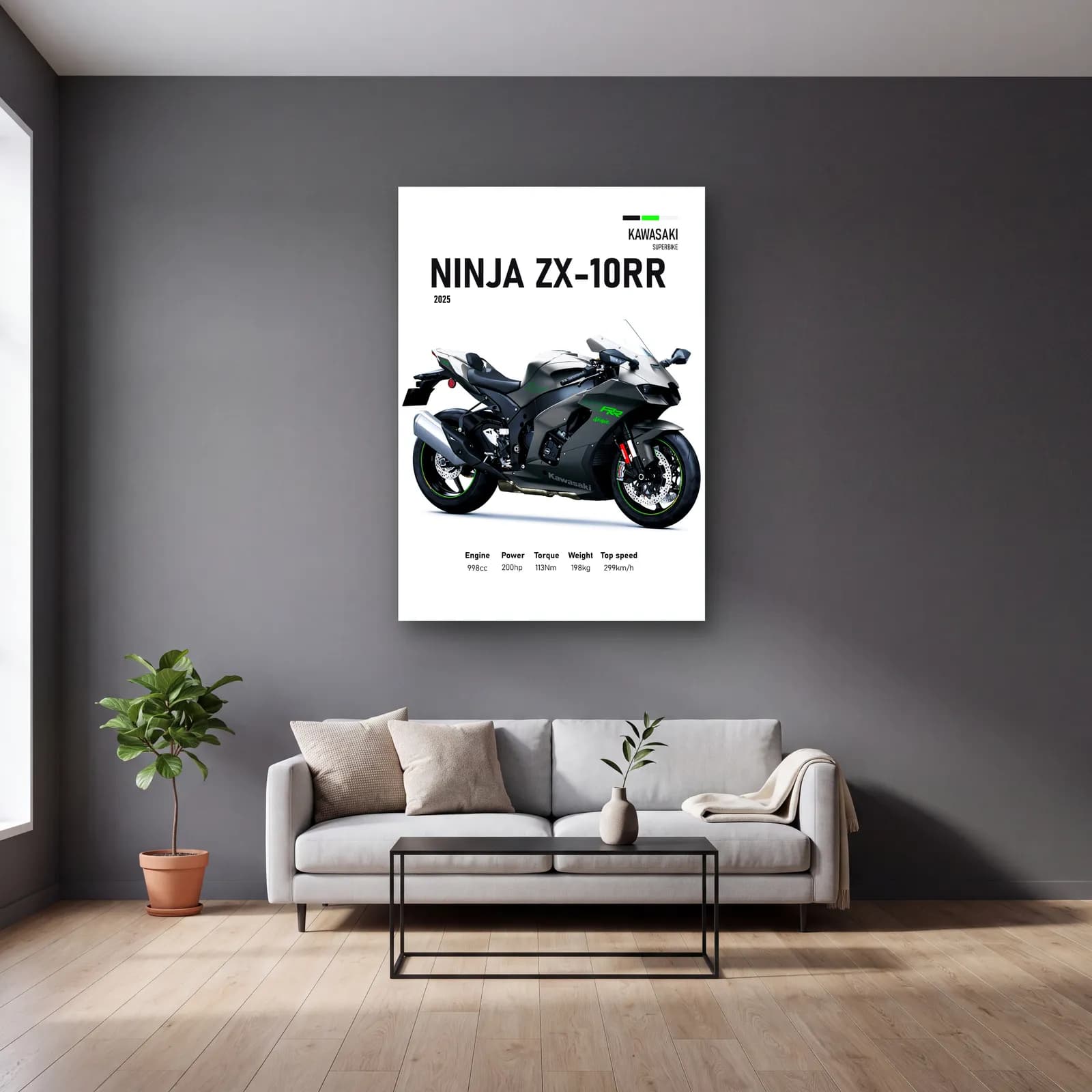 Kawasaki Ninja ZX-10RR 2025 cam tablo — gri duvarlı salonda
