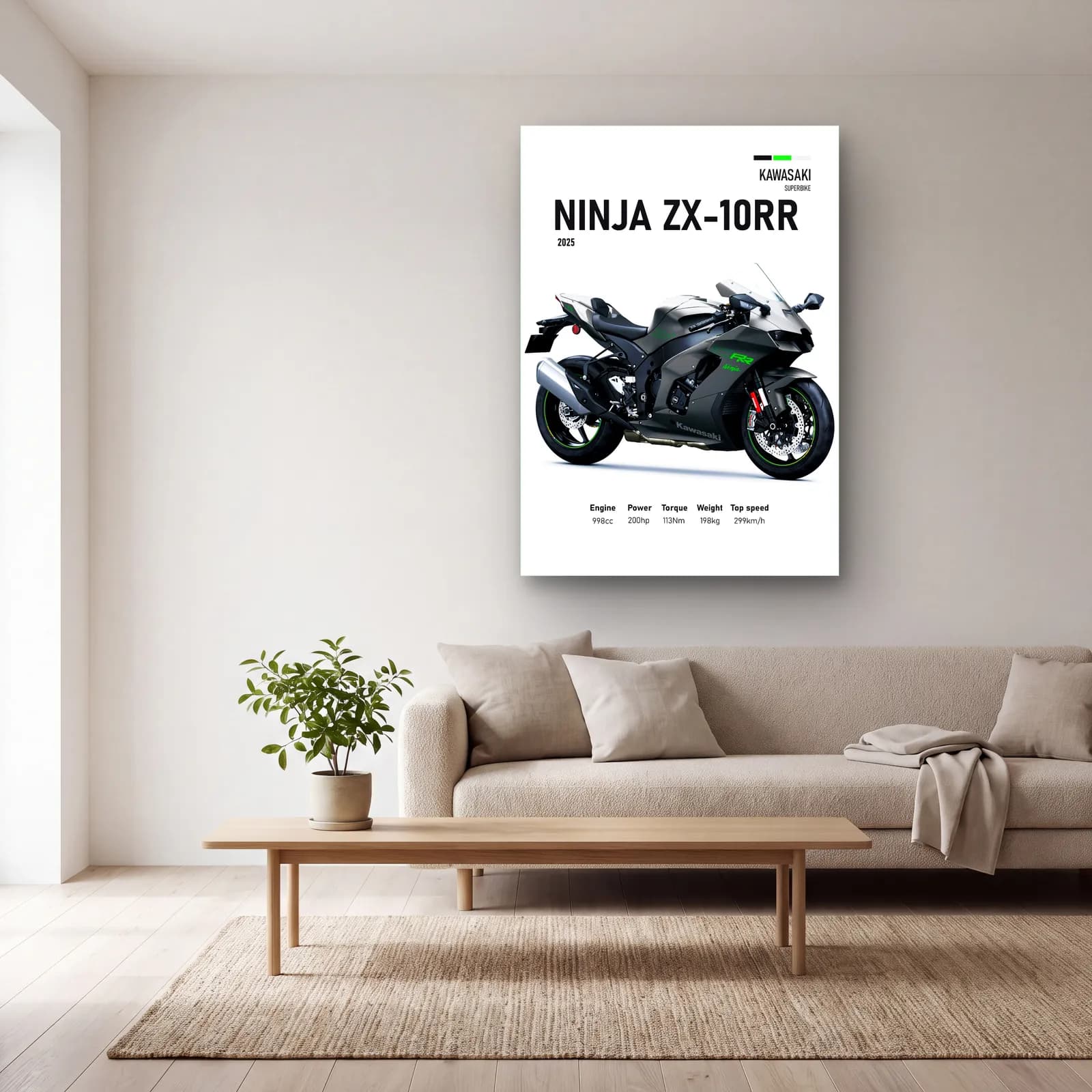 Kawasaki Ninja ZX-10RR 2025 cam tablo — açık renk salonda