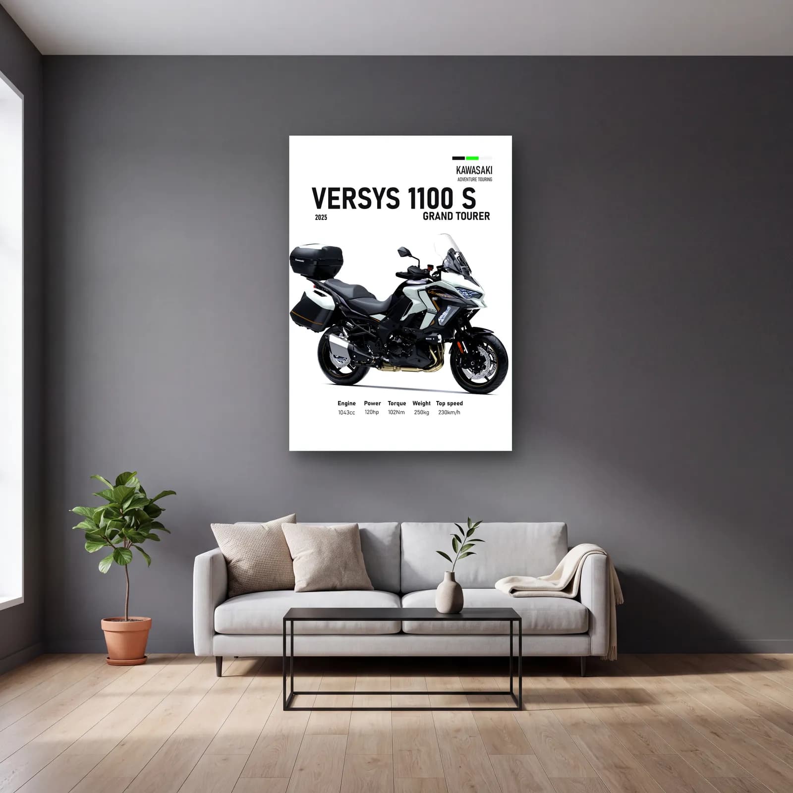 Versys 1100 S Grand Tourer 2025 cam tablo — gri duvarlı salonda
