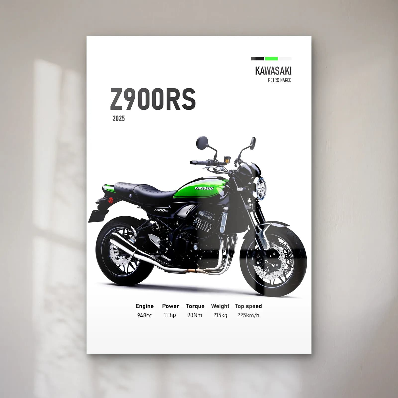 Kawasaki Z900RS 2025 Yeşil cam tablo — Beyaz zeminde yeşil siyah Kawasaki Z900RS 2025 ve teknik veriler