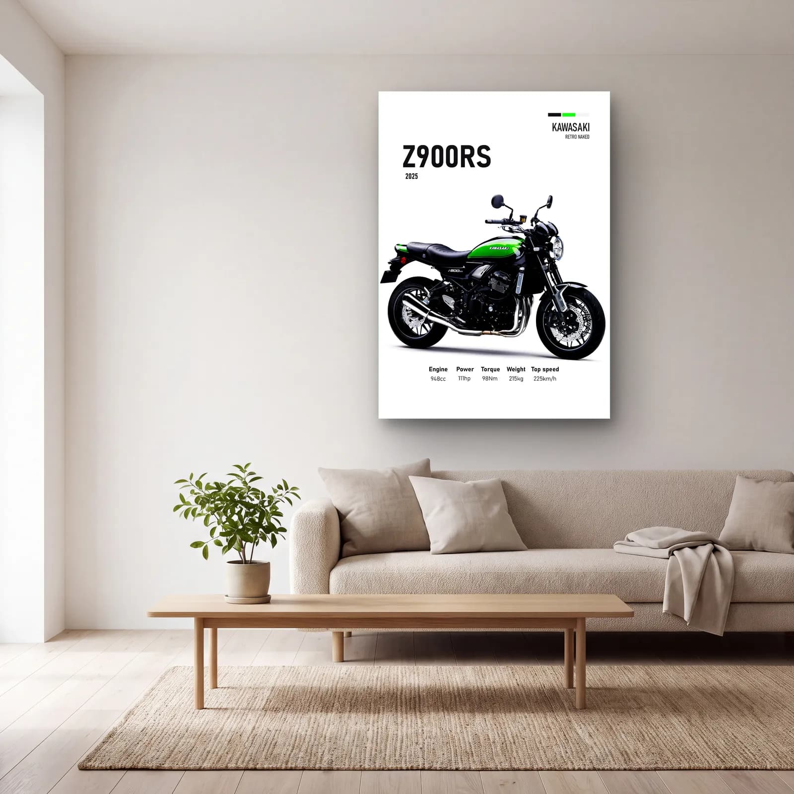 Kawasaki Z900RS 2025 Yeşil cam tablo — açık renk salonda