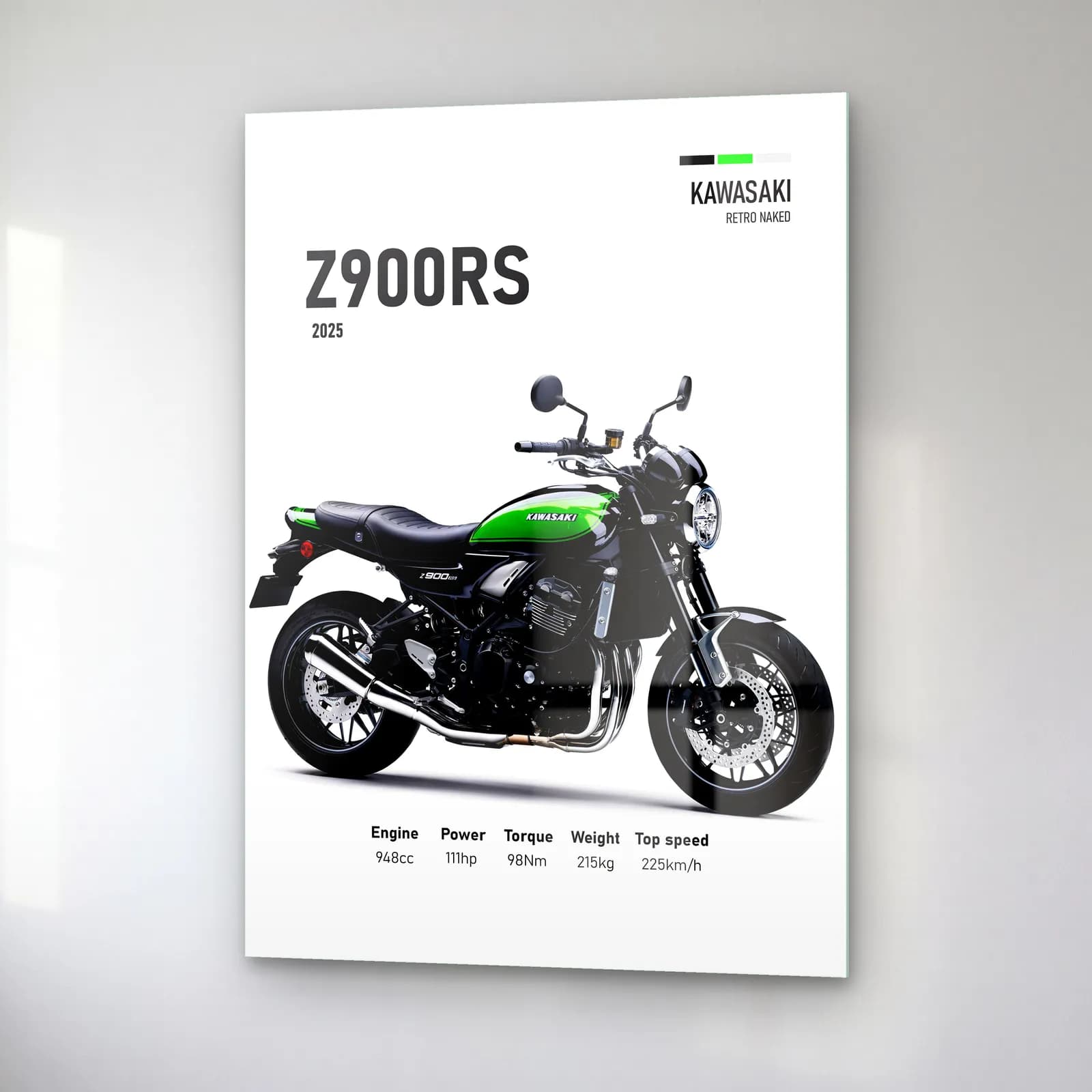 Kawasaki Z900RS 2025 Yeşil cam tablo — sağ açıdan görünüm