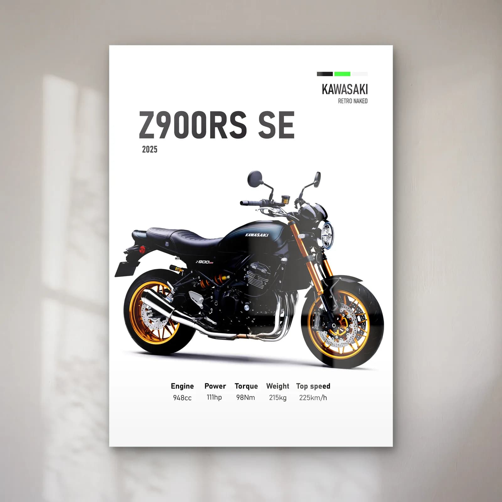 Kawasaki Z900RS SE 2025 cam tablo — Beyaz zeminde siyah altın Kawasaki Z900RS SE 2025 ve teknik veriler