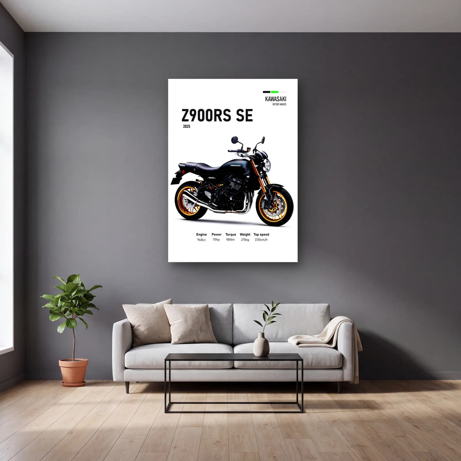 Kawasaki Z900RS SE 2025 cam tablo — gri duvarlı salonda