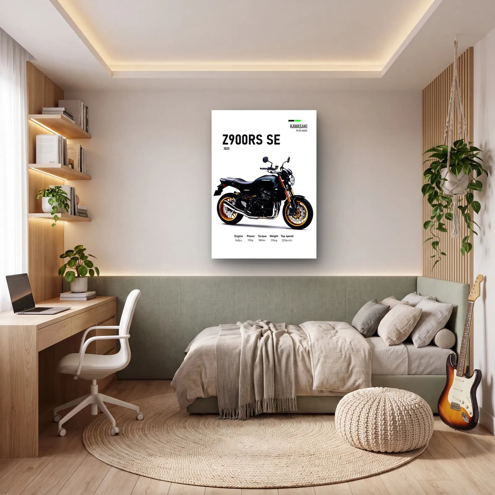 Kawasaki Z900RS SE 2025 cam tablo — genç odasında