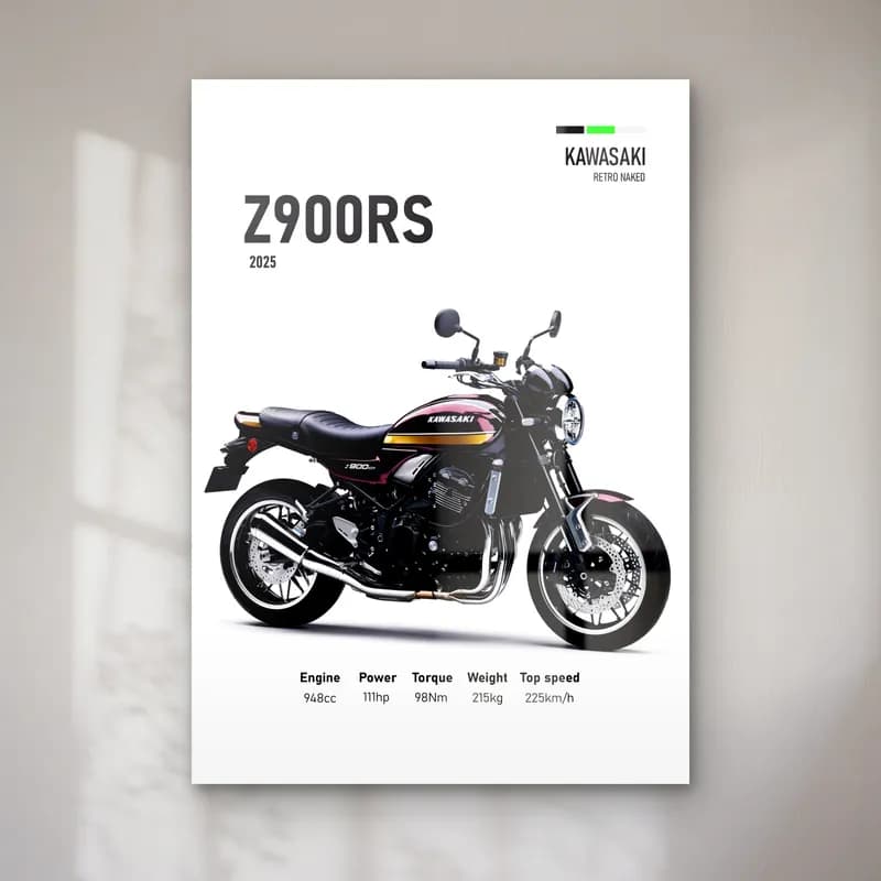 Kawasaki Z900RS 2025 Siyah cam tablo — Beyaz zeminde siyah bordo Kawasaki Z900RS 2025 ve teknik veriler