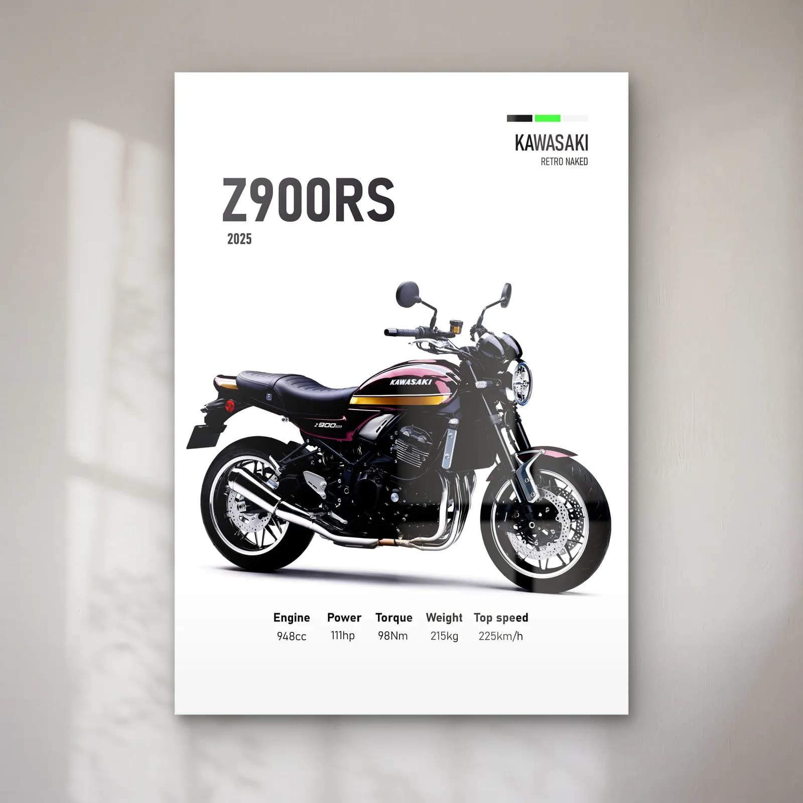 Kawasaki Z900RS 2025 Siyah cam tablo — Beyaz zeminde siyah bordo Kawasaki Z900RS 2025 ve teknik veriler