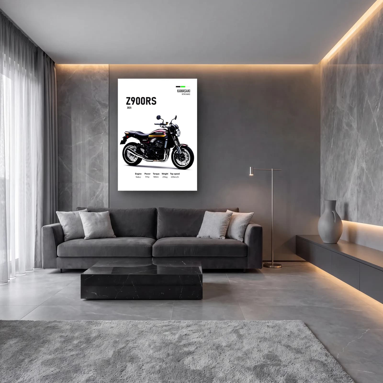 Kawasaki Z900RS 2025 Siyah cam tablo — lüks salon duvarında
