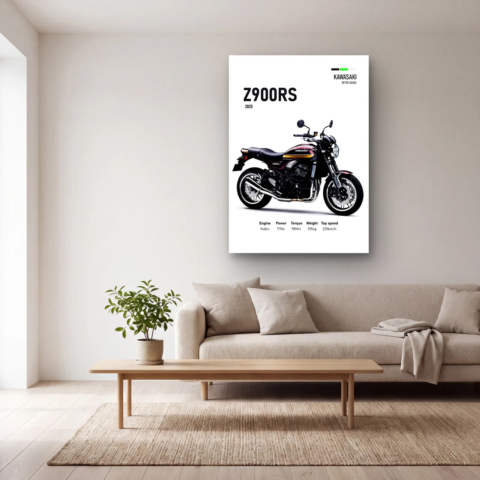 Kawasaki Z900RS 2025 Siyah cam tablo — açık renk salonda