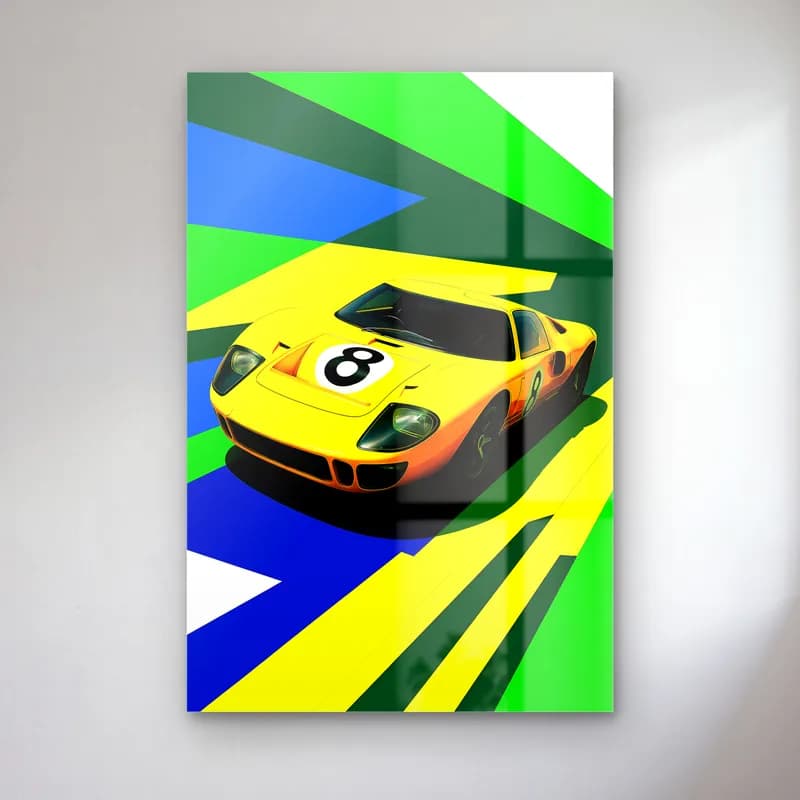 Pop Art Ford GT40 Sarı cam tablo — Yeşil mavi sarı şeritler üzerinde 8 numaralı sarı yarış arabası