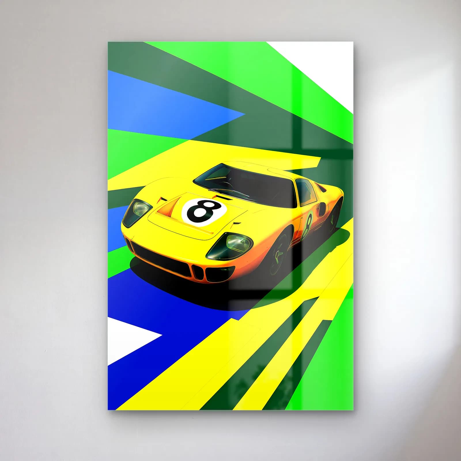 Pop Art Ford GT40 Sarı cam tablo — Yeşil mavi sarı şeritler üzerinde 8 numaralı sarı yarış arabası
