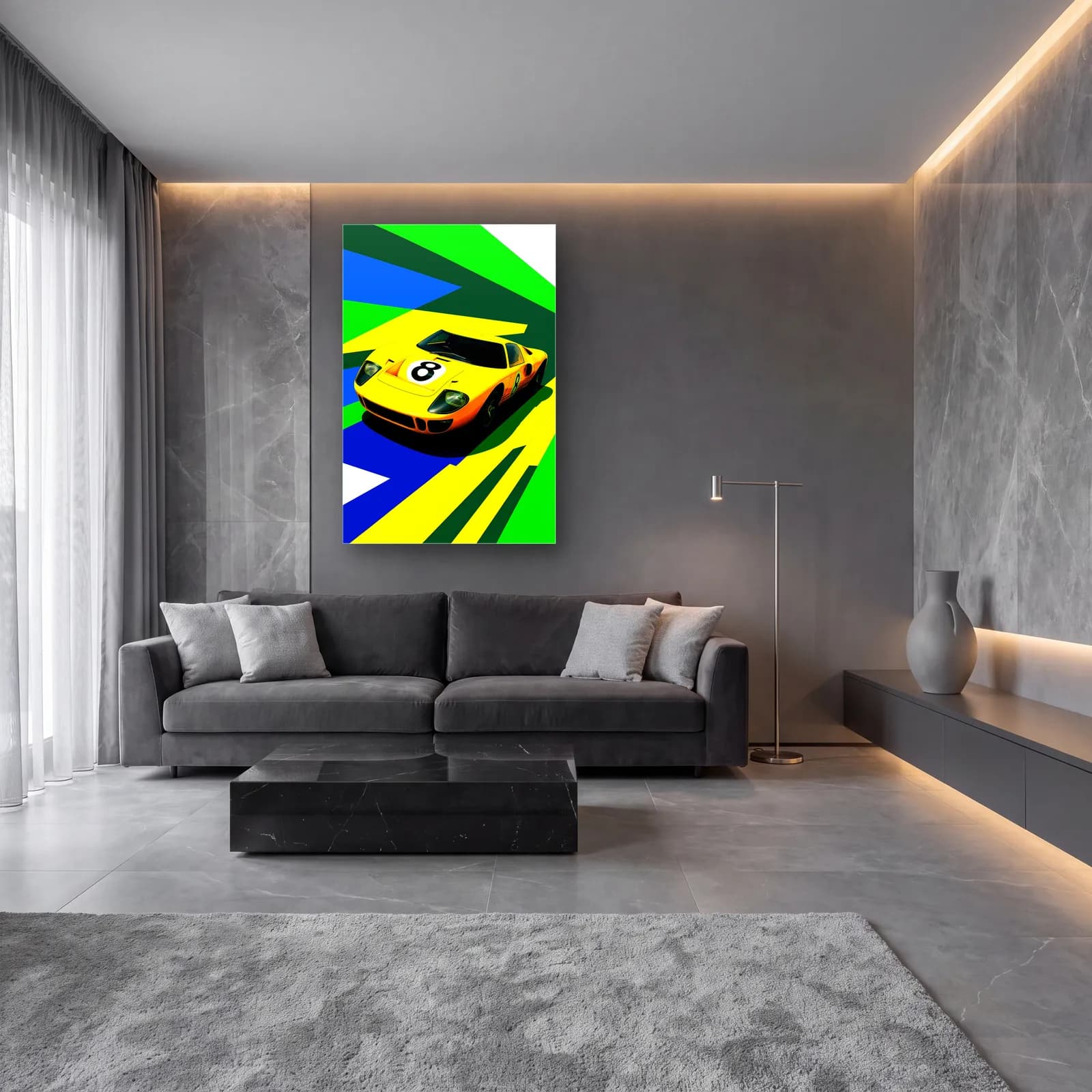 Pop Art Ford GT40 Sarı cam tablo — lüks salon duvarında