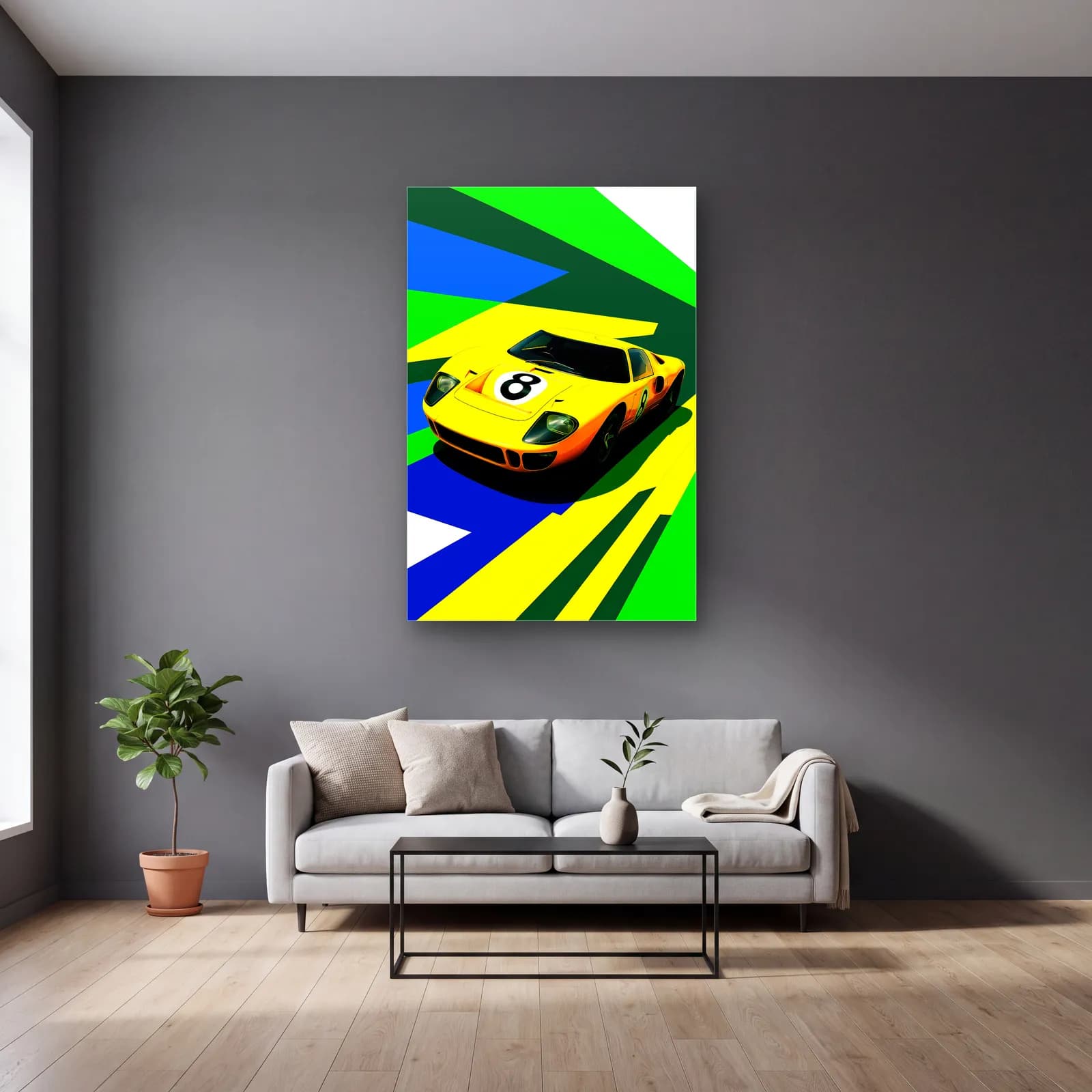 Pop Art Ford GT40 Sarı cam tablo — gri duvarlı salonda