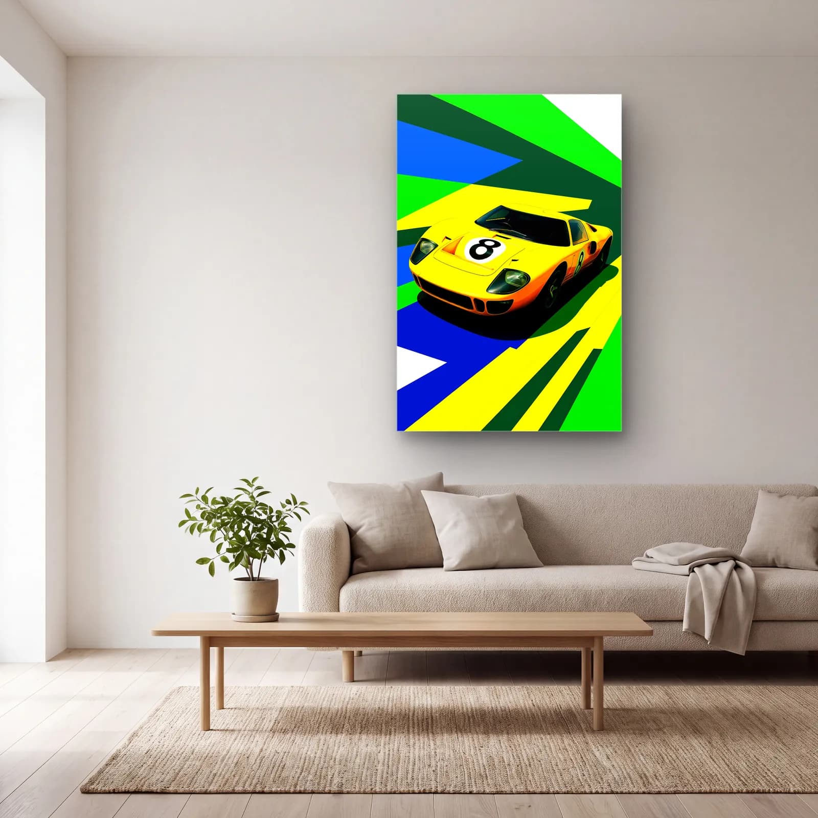 Pop Art Ford GT40 Sarı cam tablo — açık renk salonda