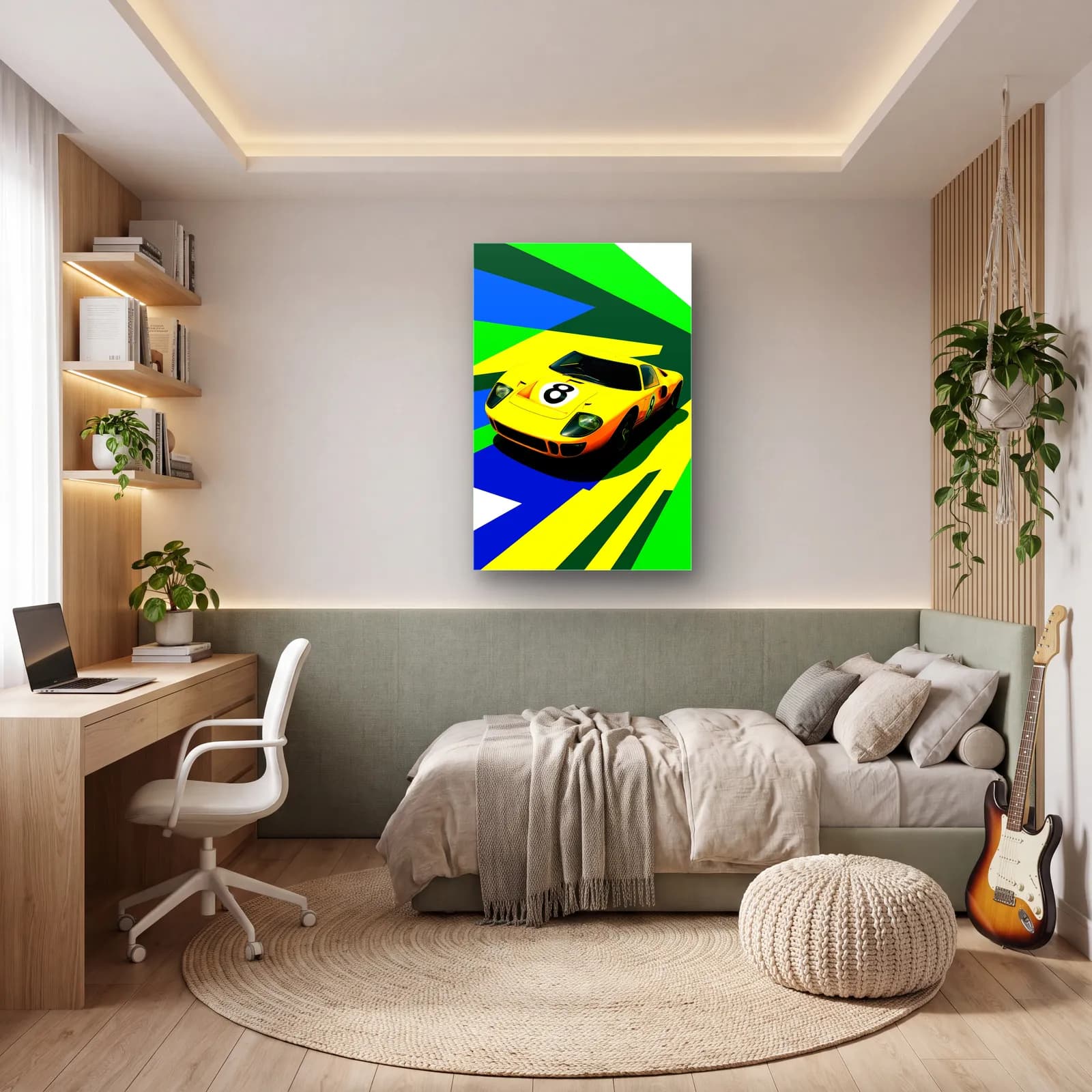 Pop Art Ford GT40 Sarı cam tablo — genç odasında