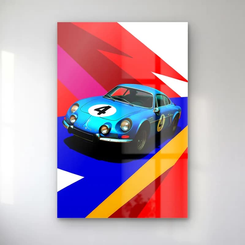 Pop Art Alpine A110 Mavi cam tablo — Kırmızı mavi şeritler üzerinde 4 numaralı mavi ralli arabası