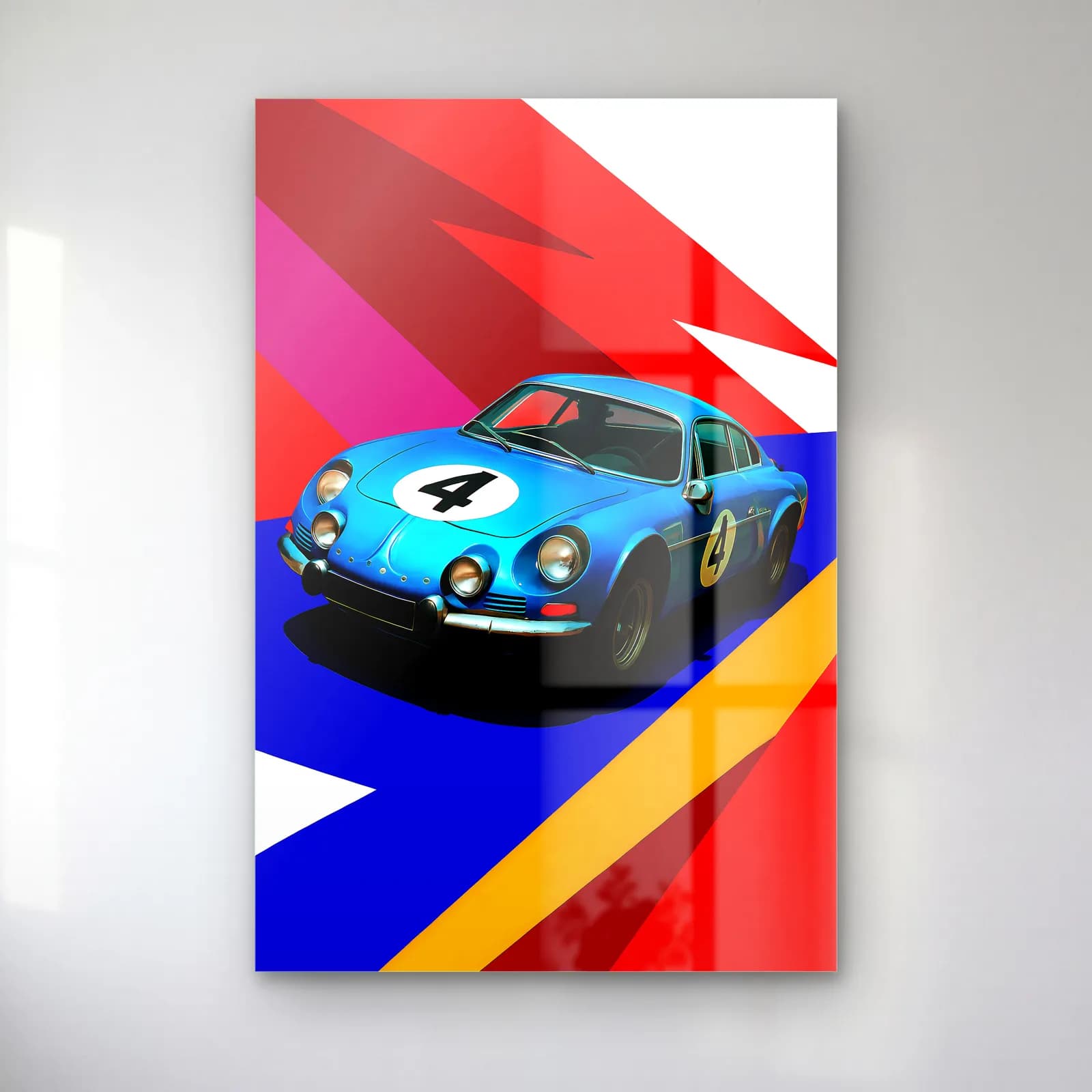 Pop Art Alpine A110 Mavi cam tablo — Kırmızı mavi şeritler üzerinde 4 numaralı mavi ralli arabası