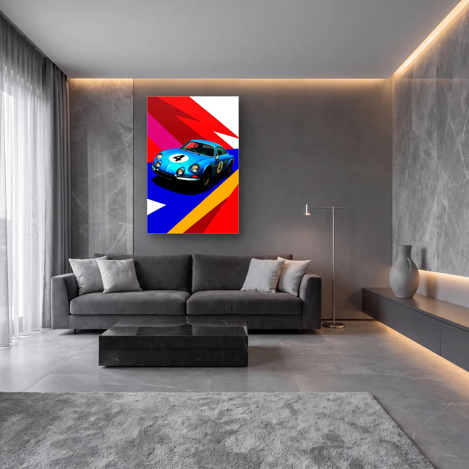 Pop Art Alpine A110 Mavi cam tablo — lüks salon duvarında