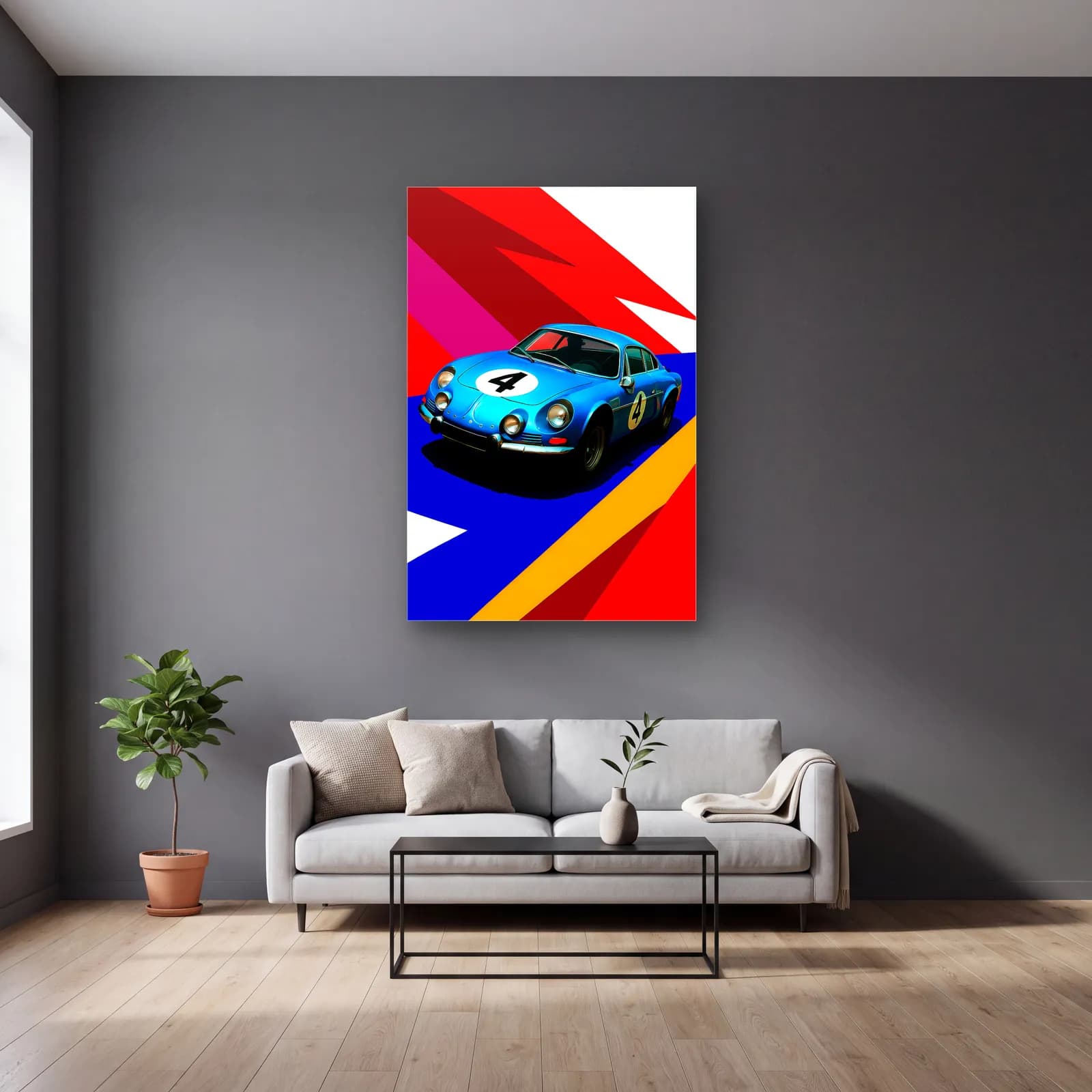 Pop Art Alpine A110 Mavi cam tablo — gri duvarlı salonda