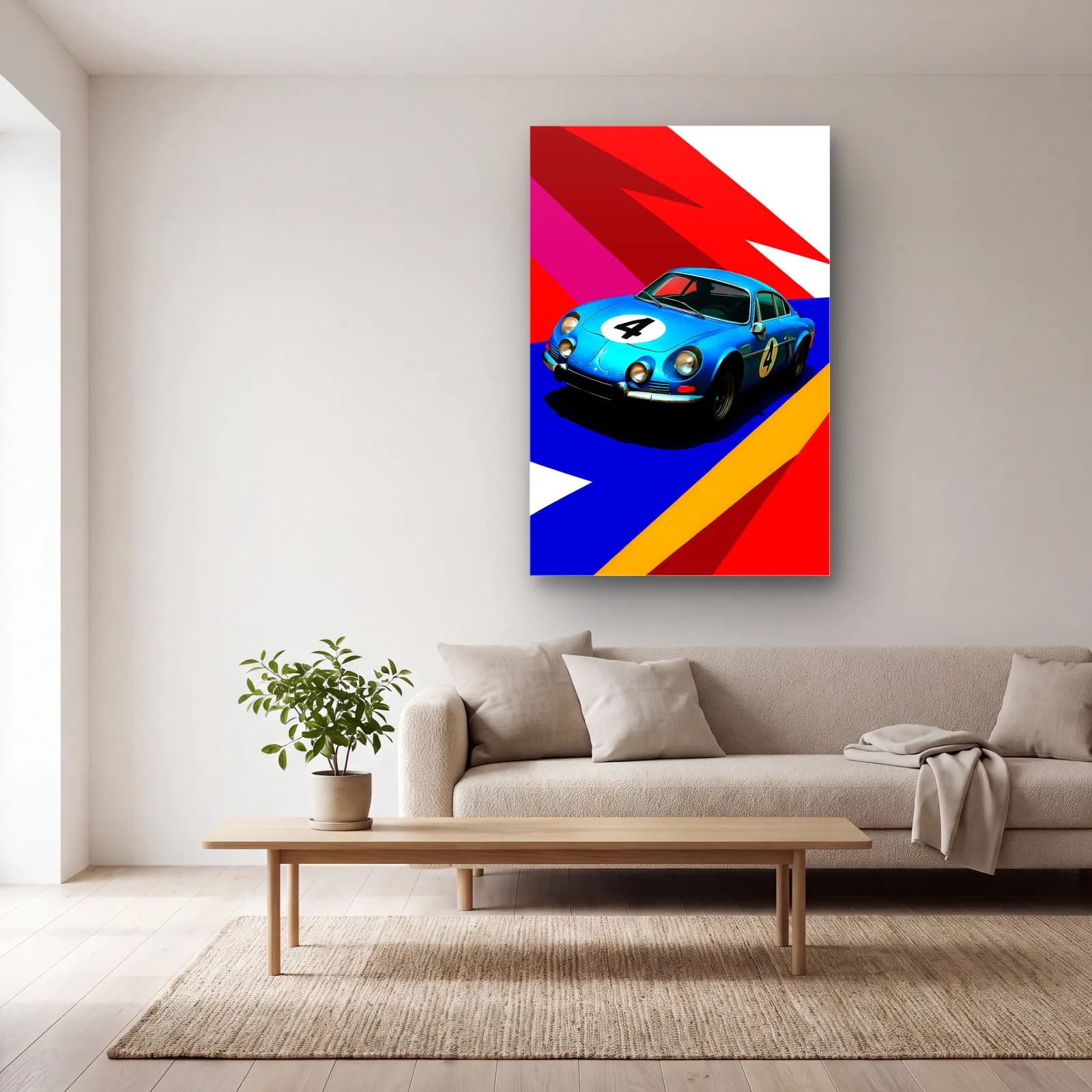 Pop Art Alpine A110 Mavi cam tablo — açık renk salonda