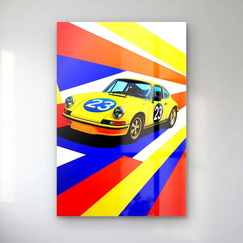 Pop Art Porsche 911 Sarı cam tablo — Sarı kırmızı mavi şeritler üzerinde 23 numaralı sarı Porsche 911