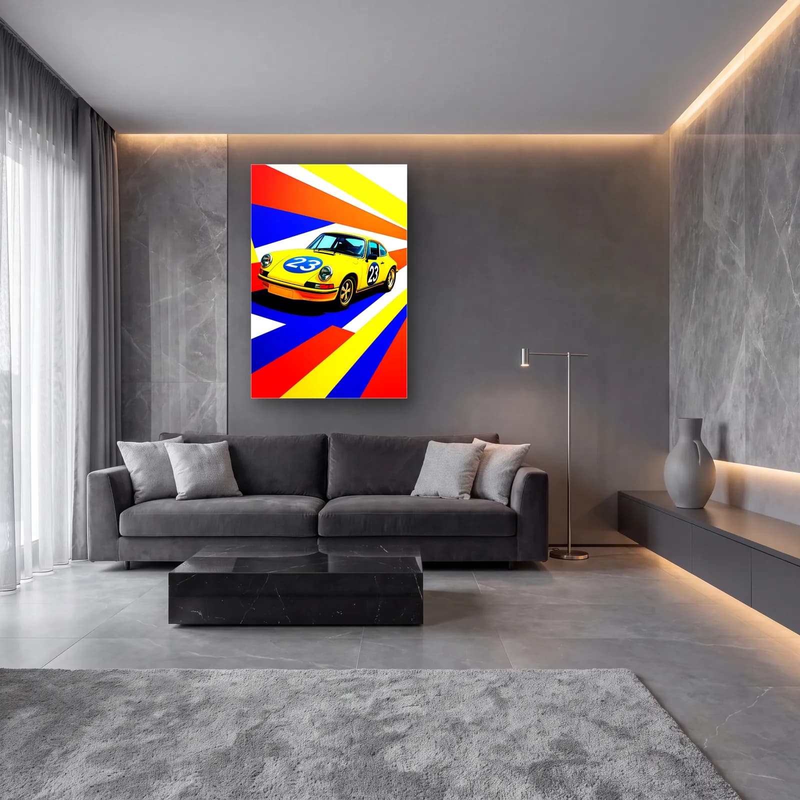 Pop Art Porsche 911 Sarı cam tablo — lüks salon duvarında