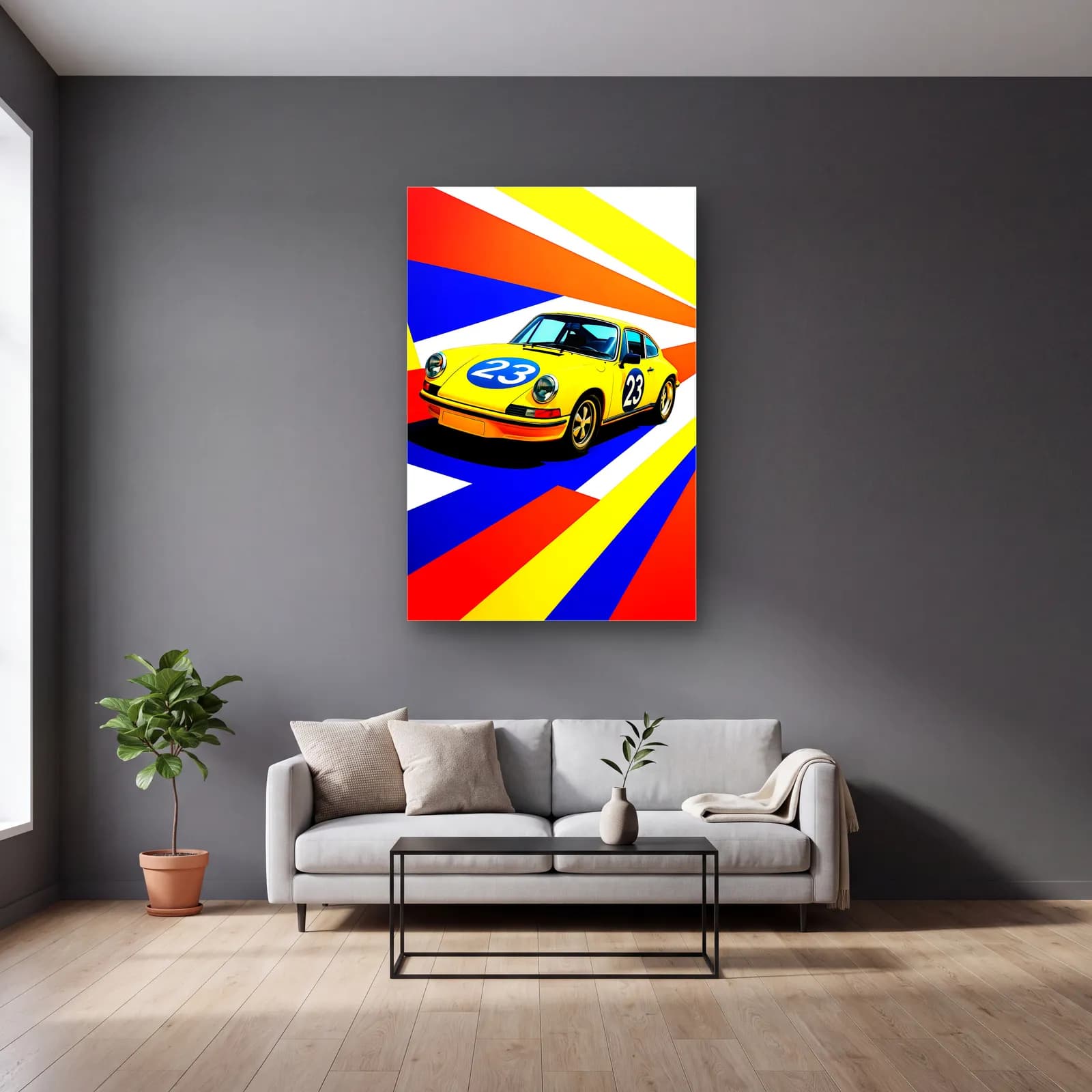 Pop Art Porsche 911 Sarı cam tablo — gri duvarlı salonda
