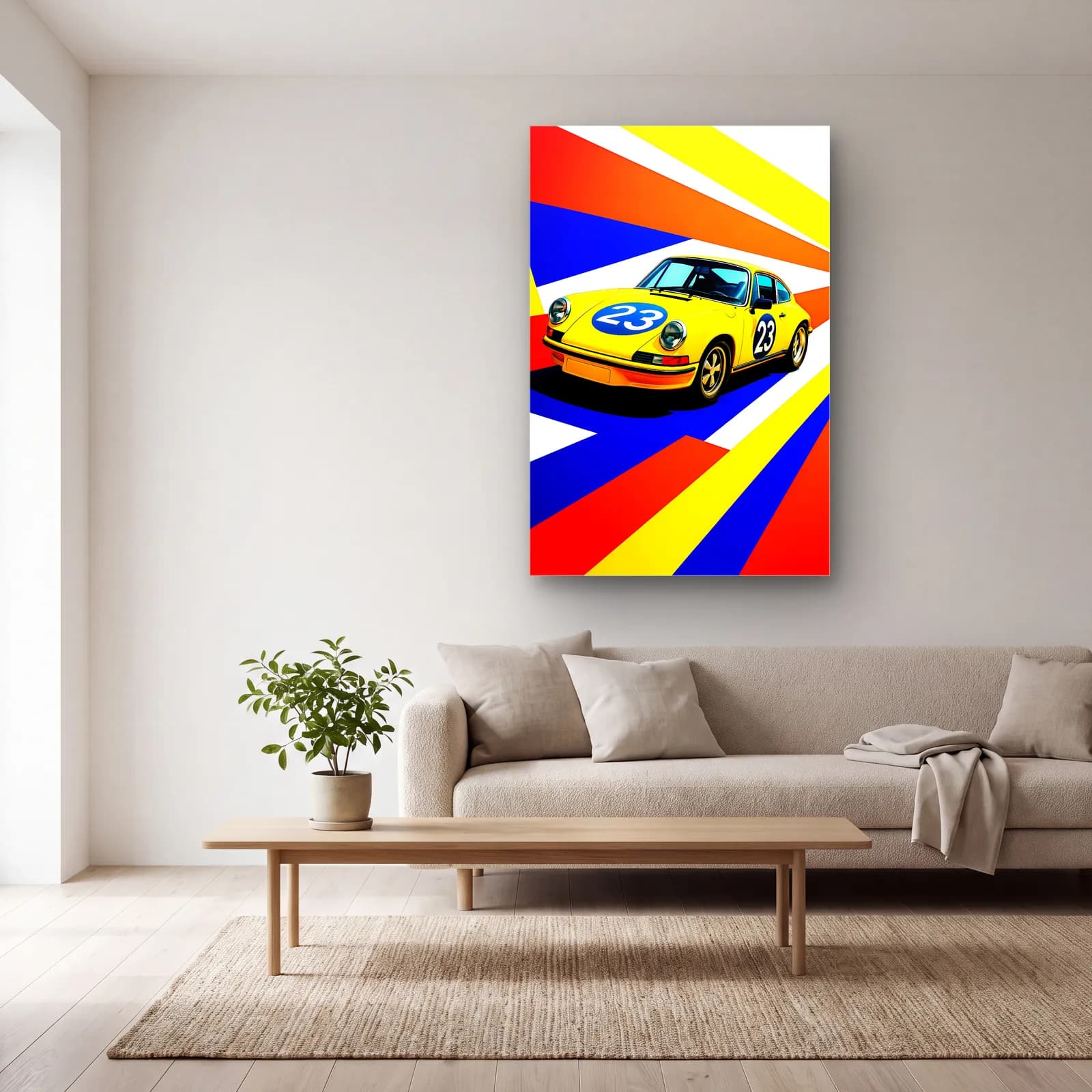 Pop Art Porsche 911 Sarı cam tablo — açık renk salonda