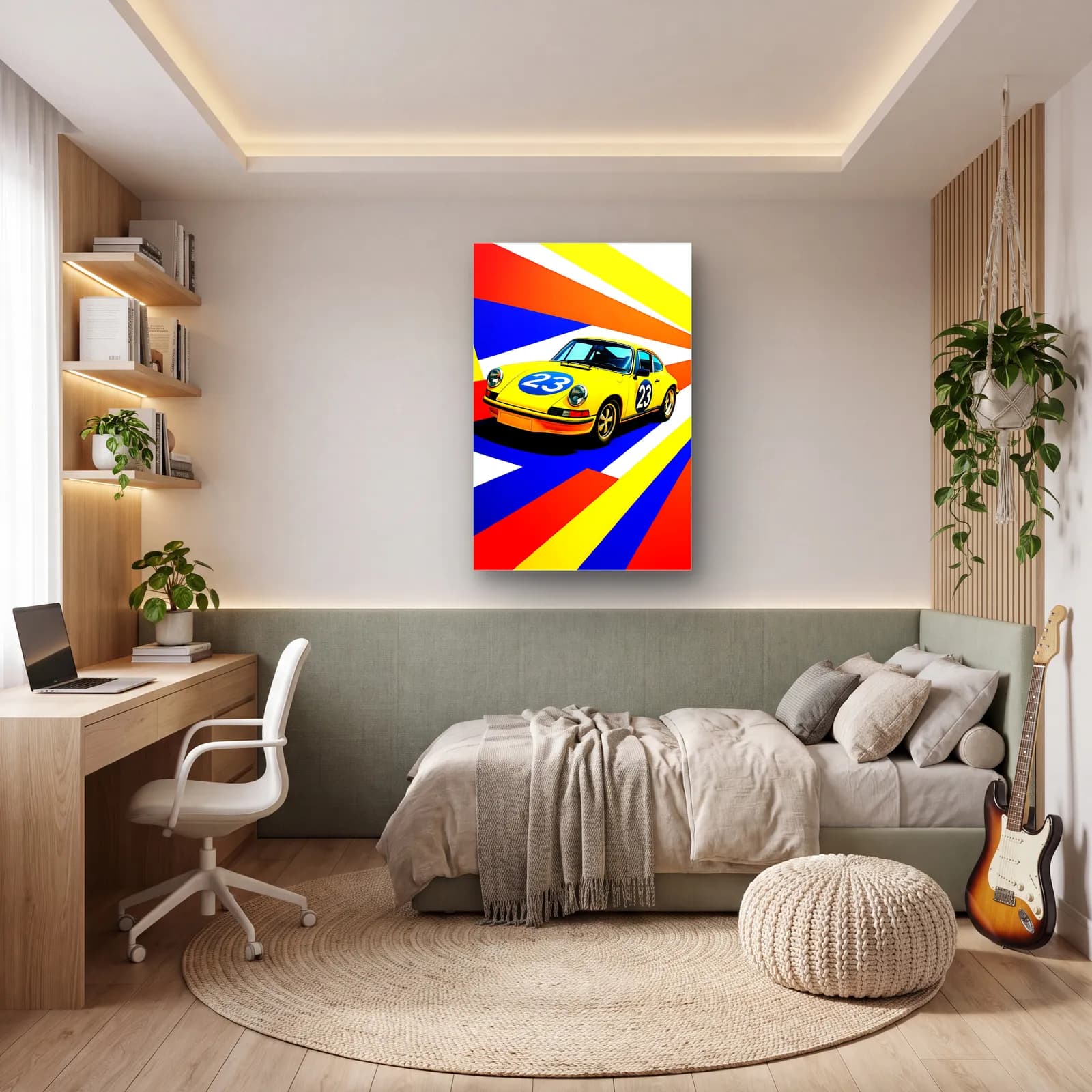 Pop Art Porsche 911 Sarı cam tablo — genç odasında