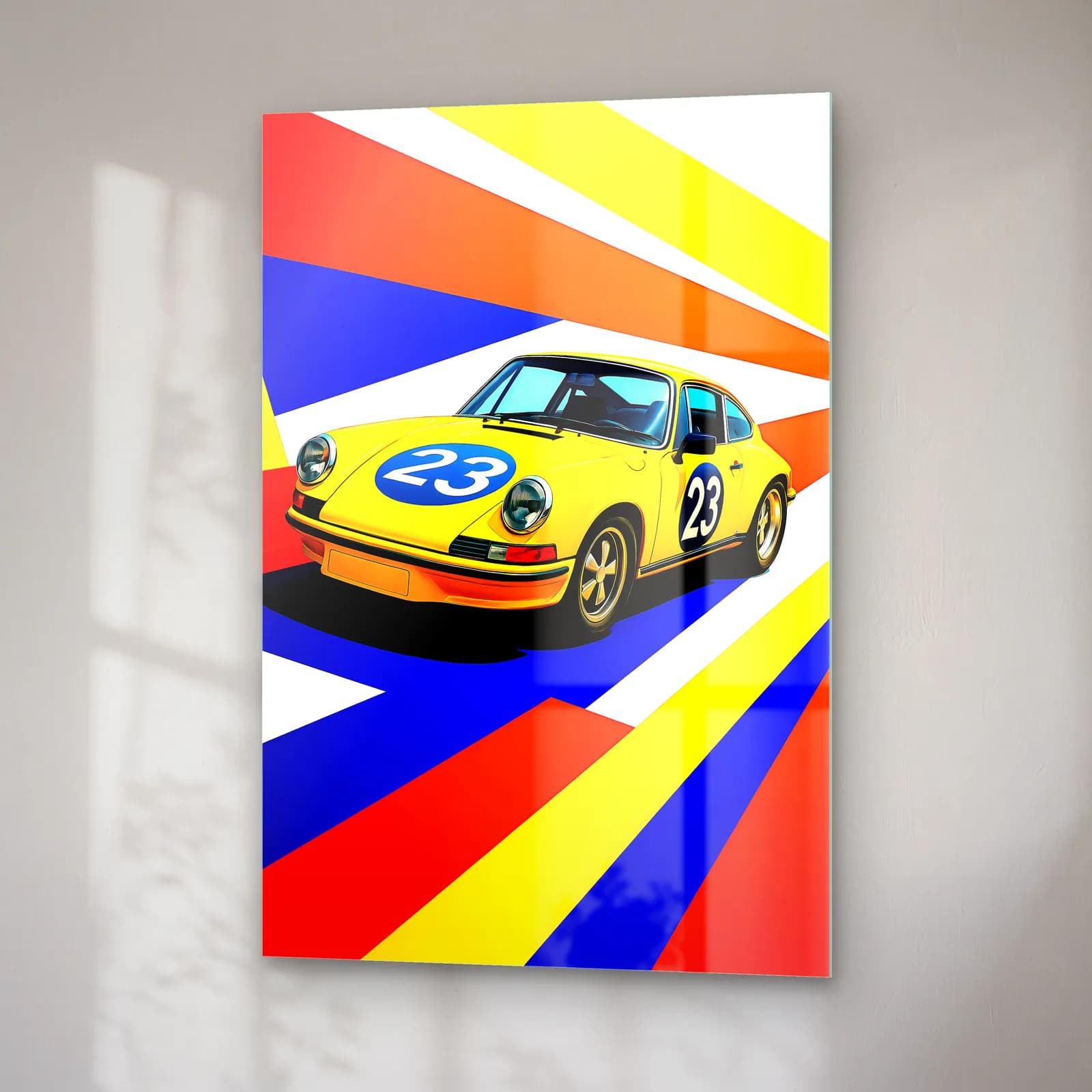 Pop Art Porsche 911 Sarı cam tablo — sağ açıdan görünüm