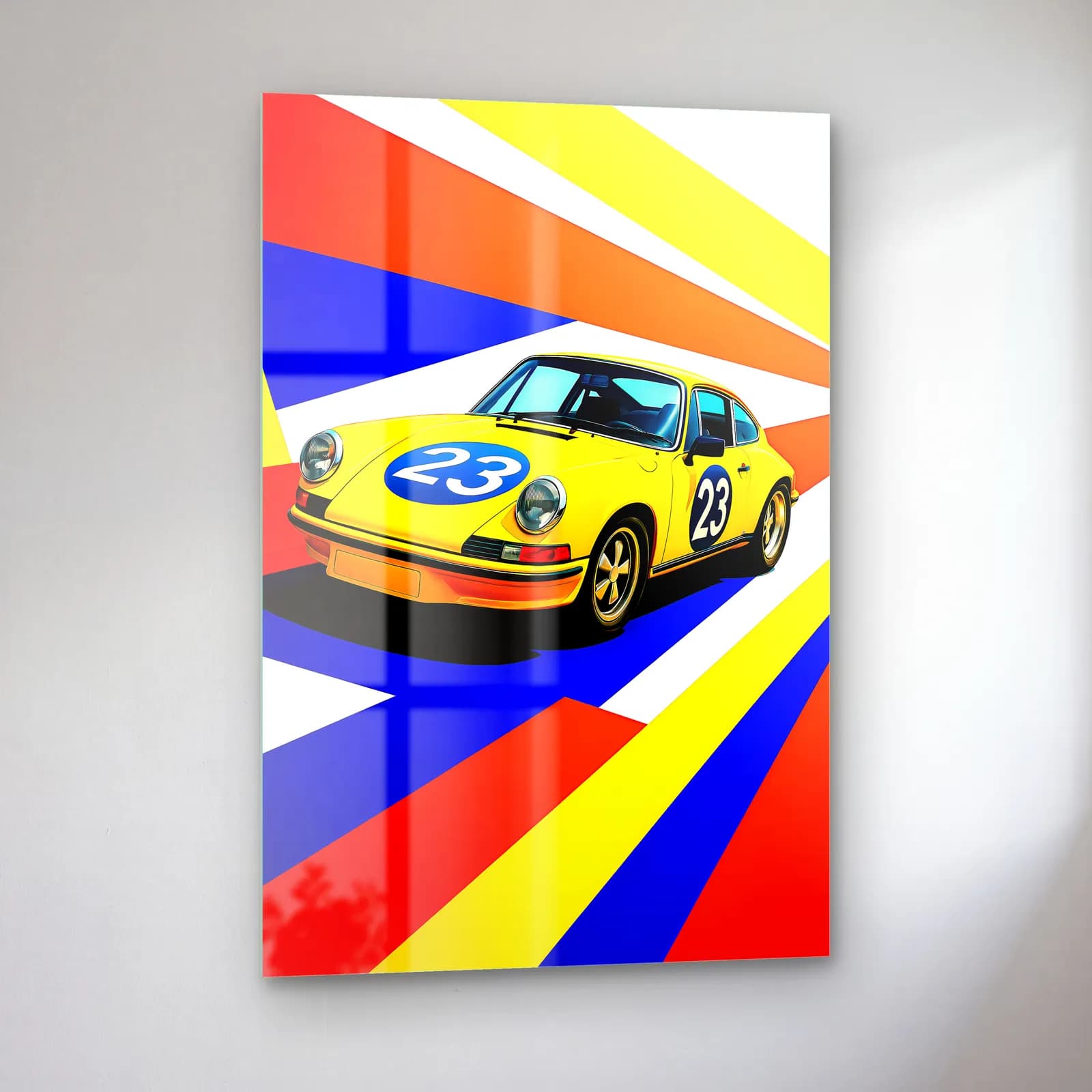 Pop Art Porsche 911 Sarı cam tablo — sol açıdan görünüm