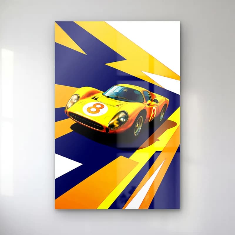 Pop Art Yarış Arabası Turuncu cam tablo — Lacivert sarı şeritler üzerinde 8 numaralı turuncu yarış arabası