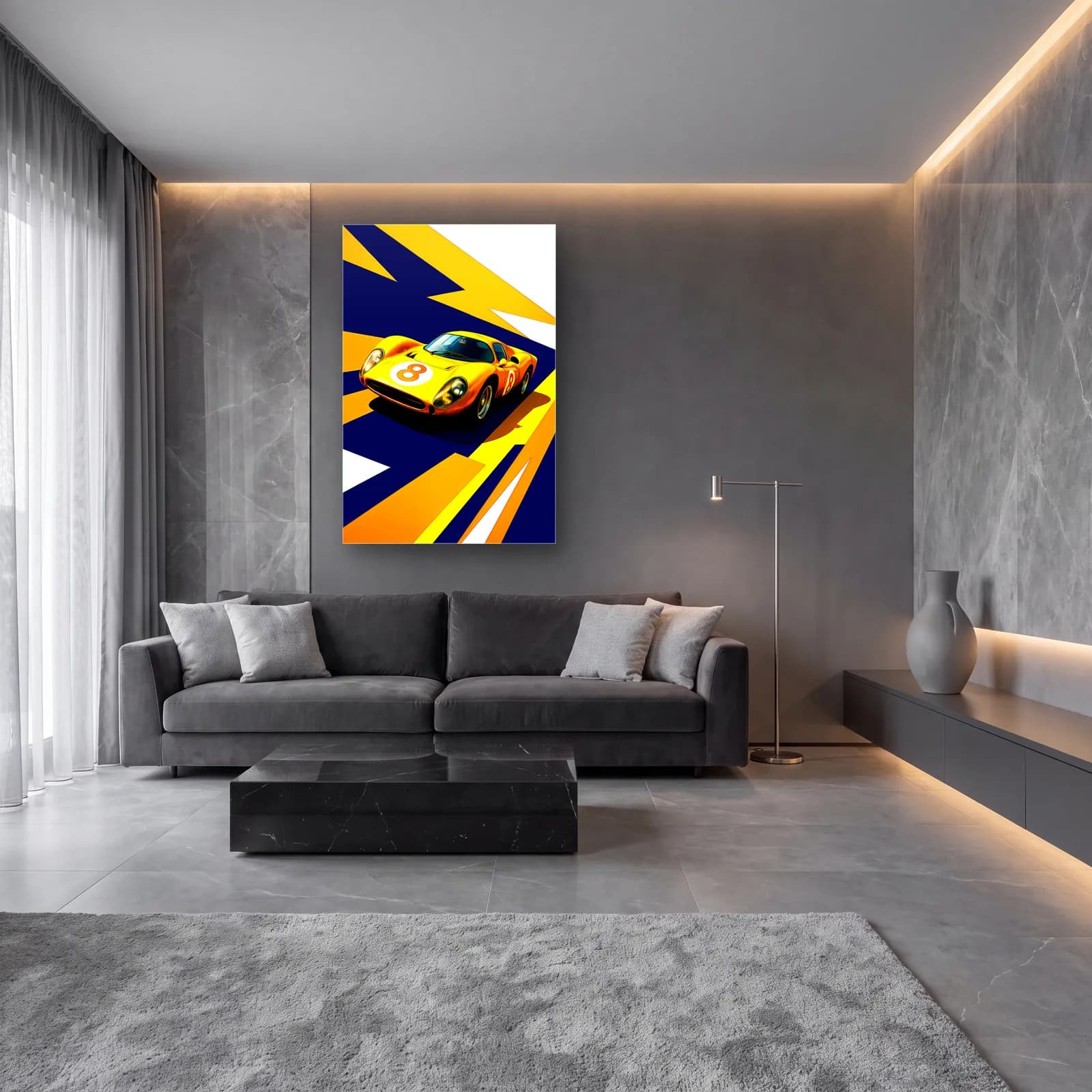 Pop Art Yarış Arabası Turuncu cam tablo — lüks salon duvarında
