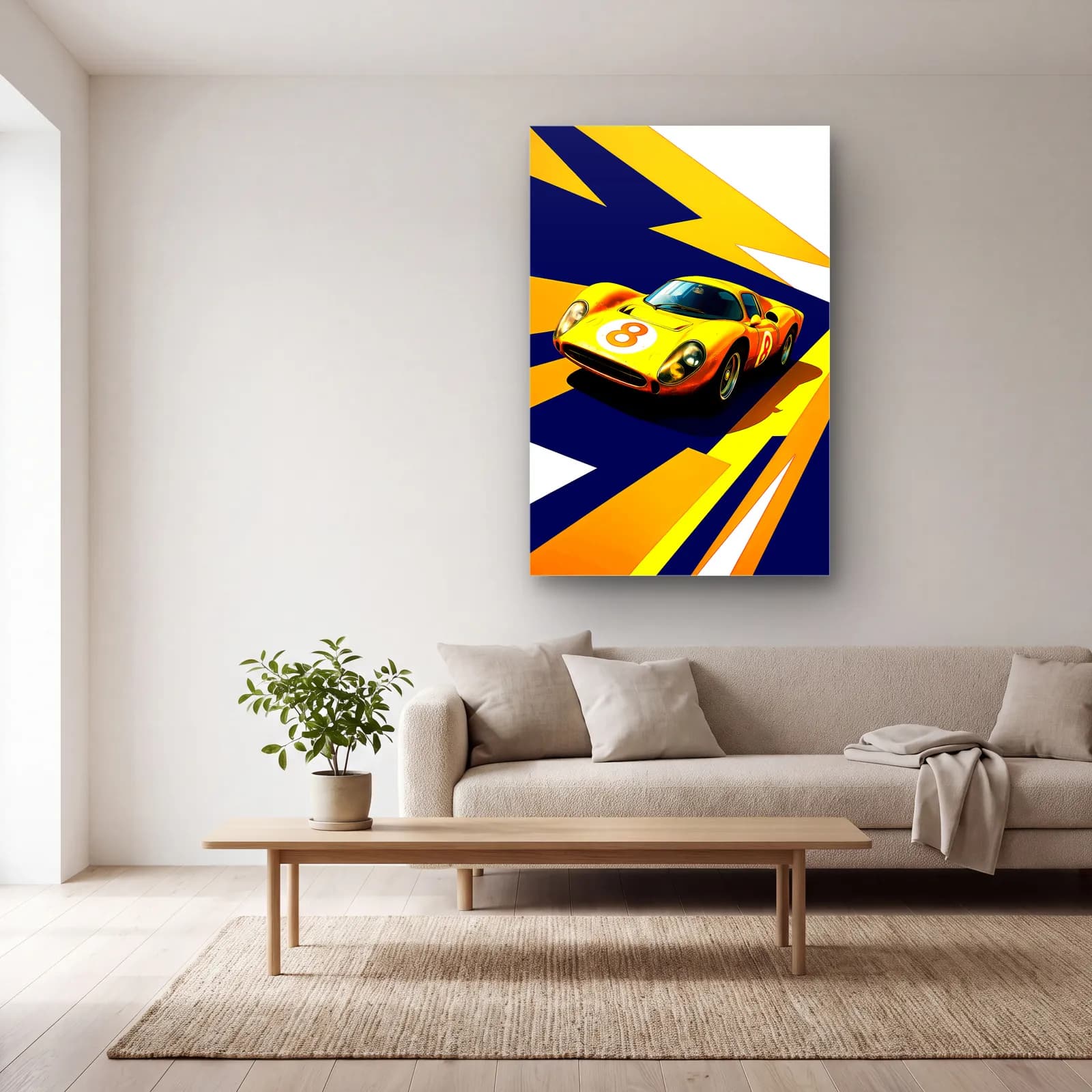 Pop Art Yarış Arabası Turuncu cam tablo — açık renk salonda