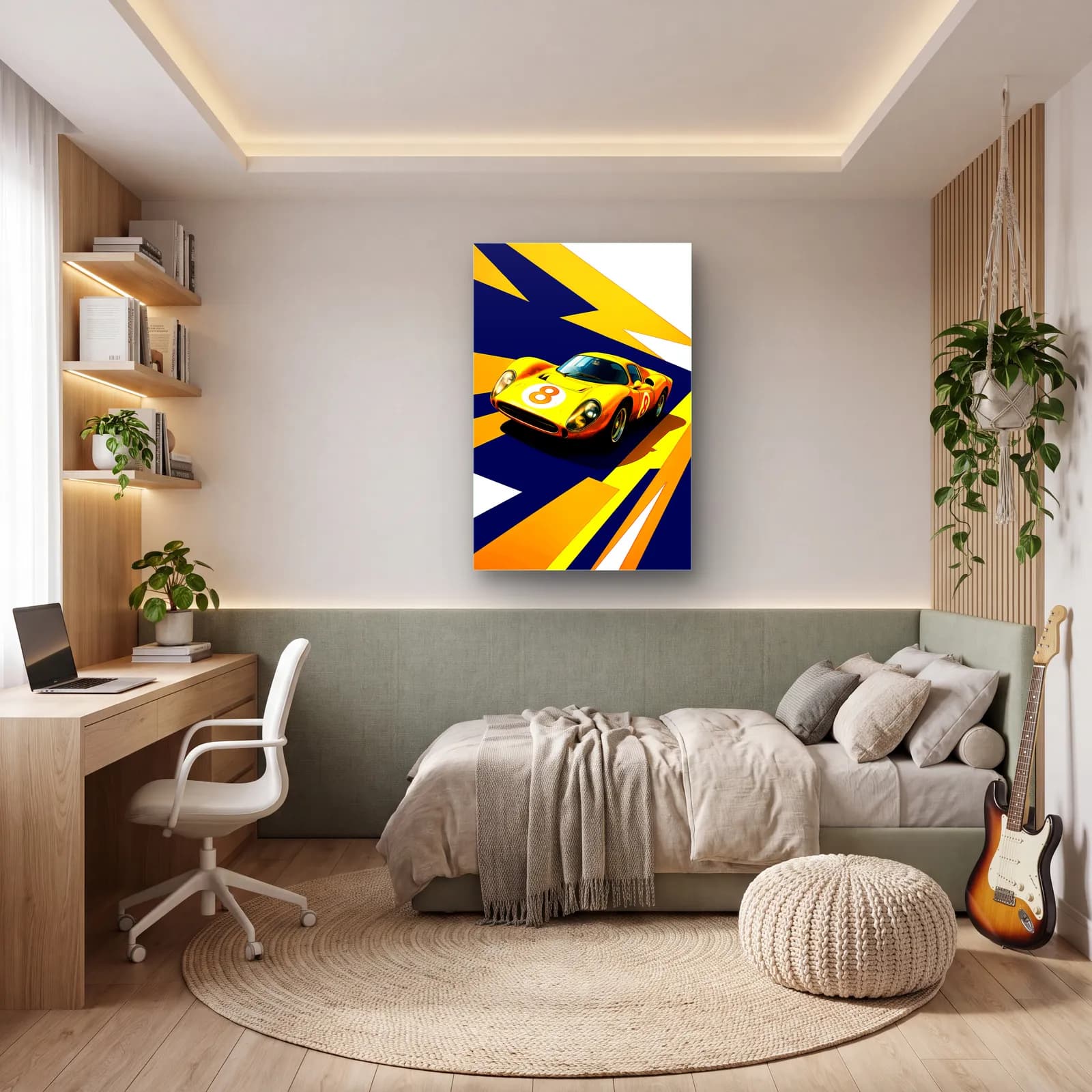 Pop Art Yarış Arabası Turuncu cam tablo — genç odasında