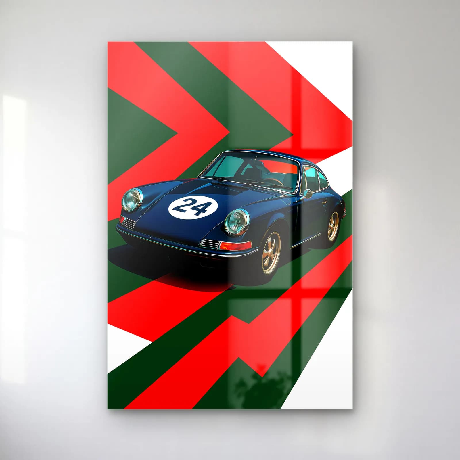 Klasik Porsche 911 Yarış Posteri cam tablo — Kırmızı yeşil zikzak zeminde lacivert 24 numaralı klasik Porsche 911