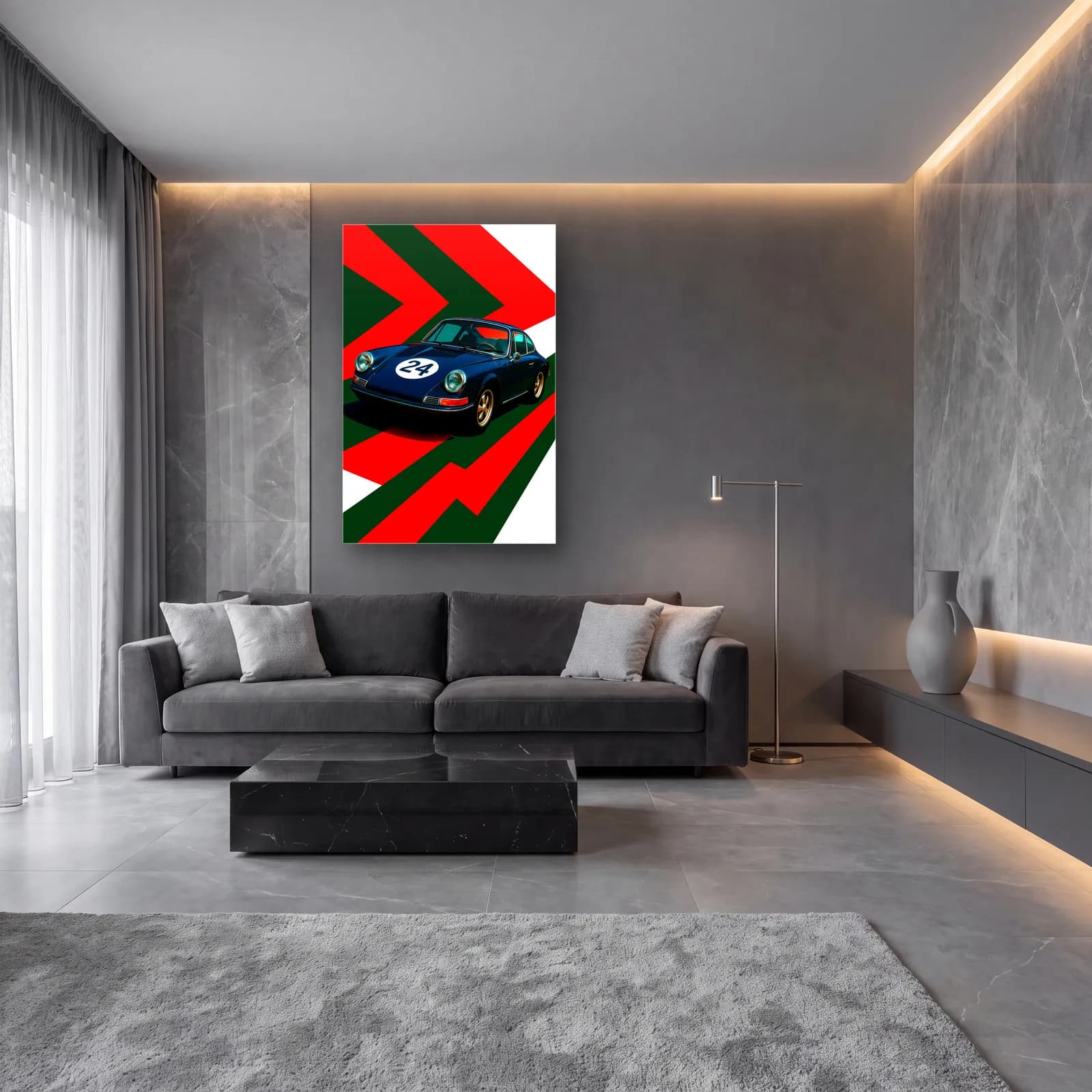 Klasik Porsche 911 Yarış Posteri cam tablo — lüks salon duvarında